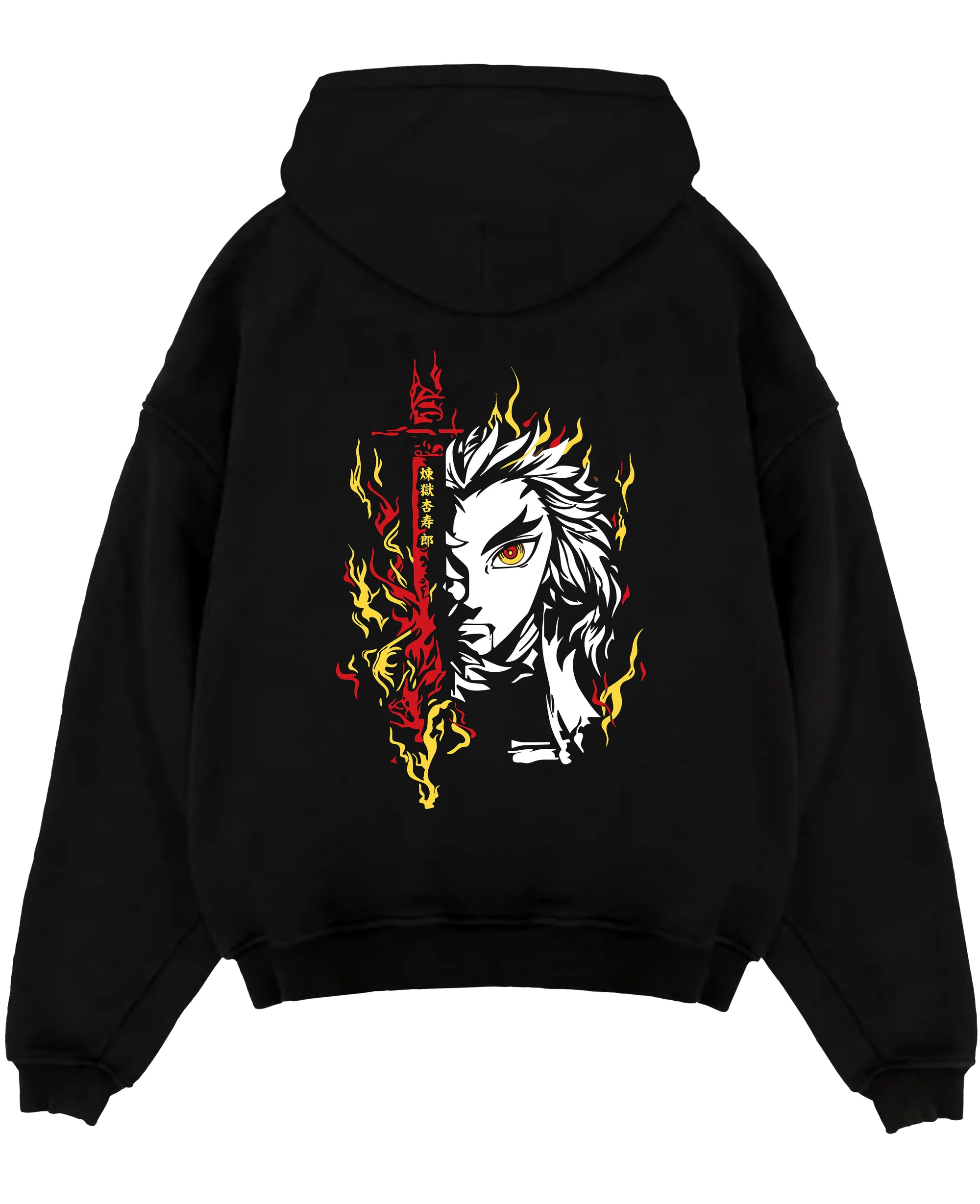 Black pullover hoodie laid flat on white, featuring Rengoku Demon Slayer half-face graphic with flaming red sword and yellow fire accents.