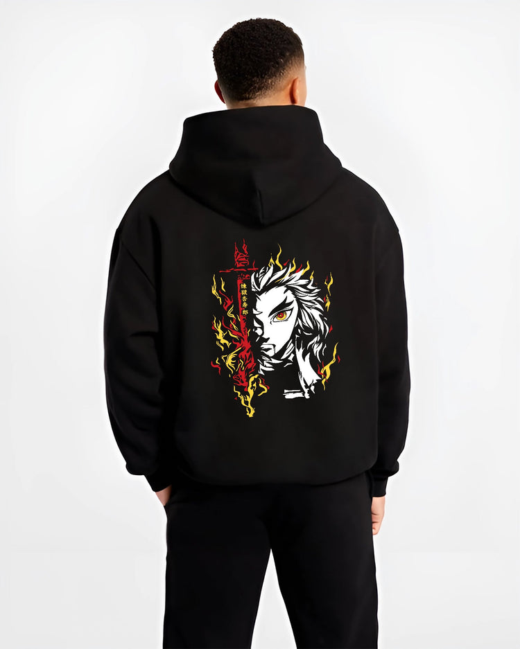 Black hoodie on male model, back view, Rengoku anime poster style portrait with vertical kanji, red blade flare, and yellow flames.
