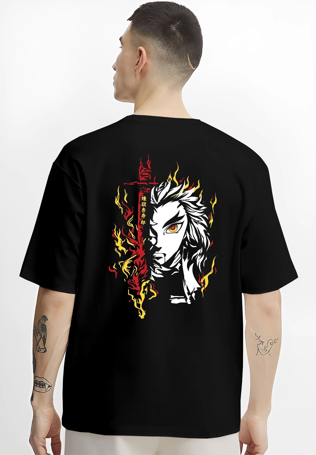 Black T-shirt on male model, back view, Rengoku half-face design with red sword flame and stylised yellow fire in manga style.