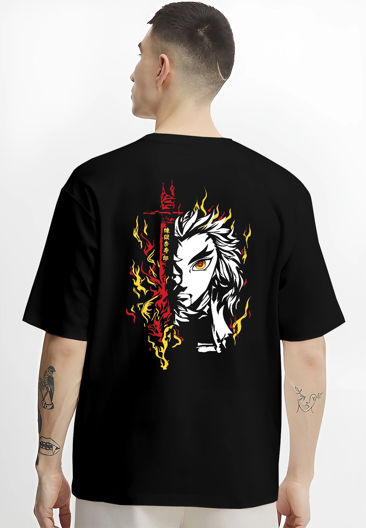 Black T-shirt on male model, back view, Rengoku half-face design with red sword flame and stylised yellow fire in manga style.