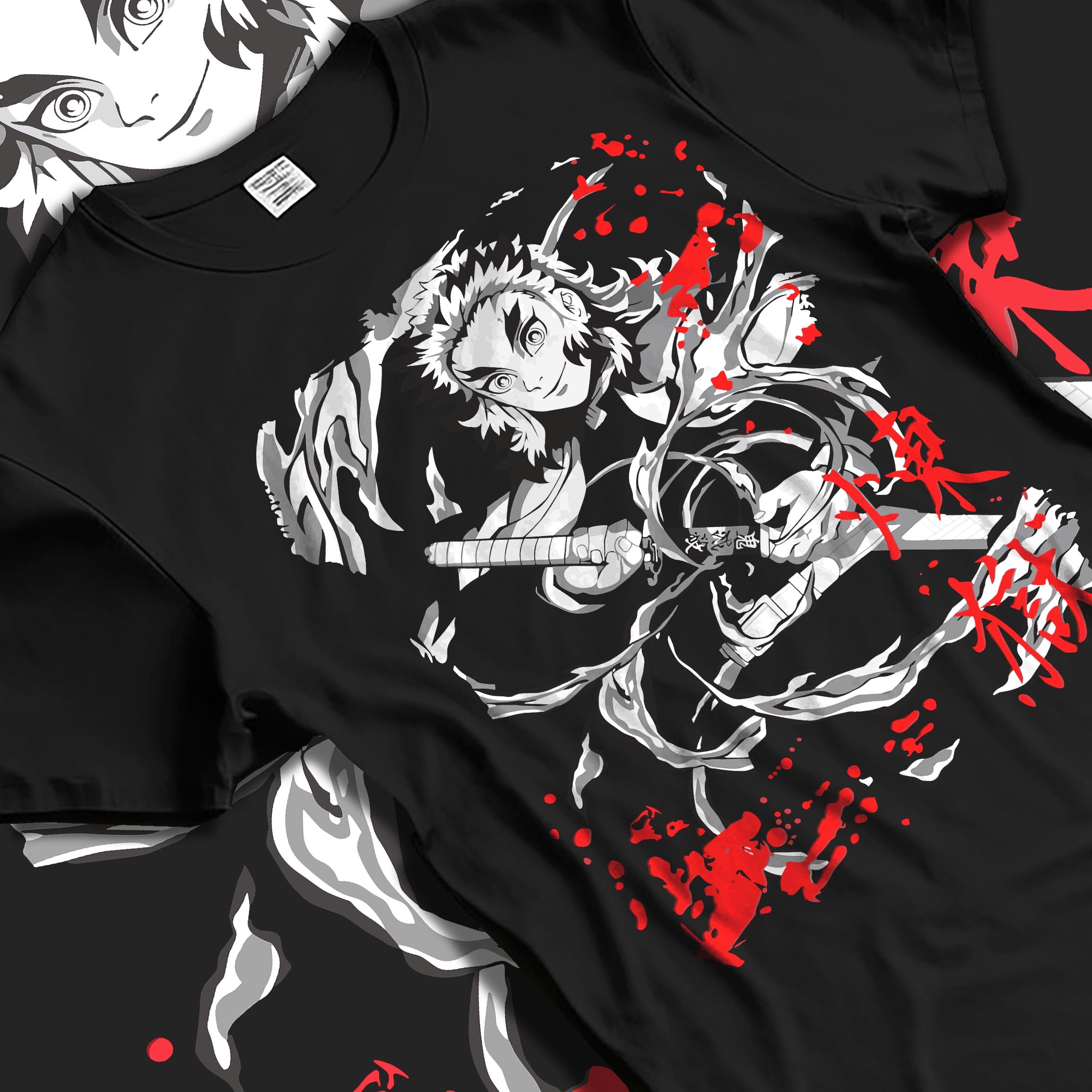 Black T-shirt laid flat with soft folds, featuring Rengoku Demon Slayer retro manga flame artwork and clean back print.