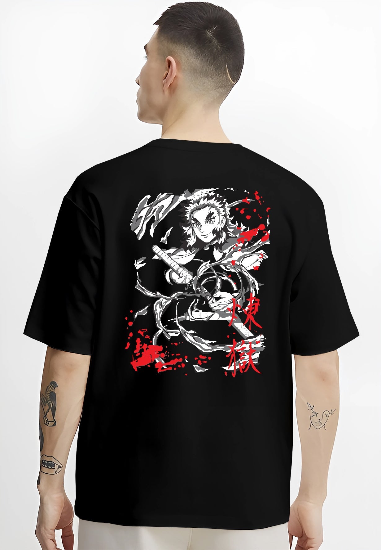 Black T-shirt on male model, back view, featuring Rengoku Demon Slayer flame burst anime poster graphic with urban streetwear.