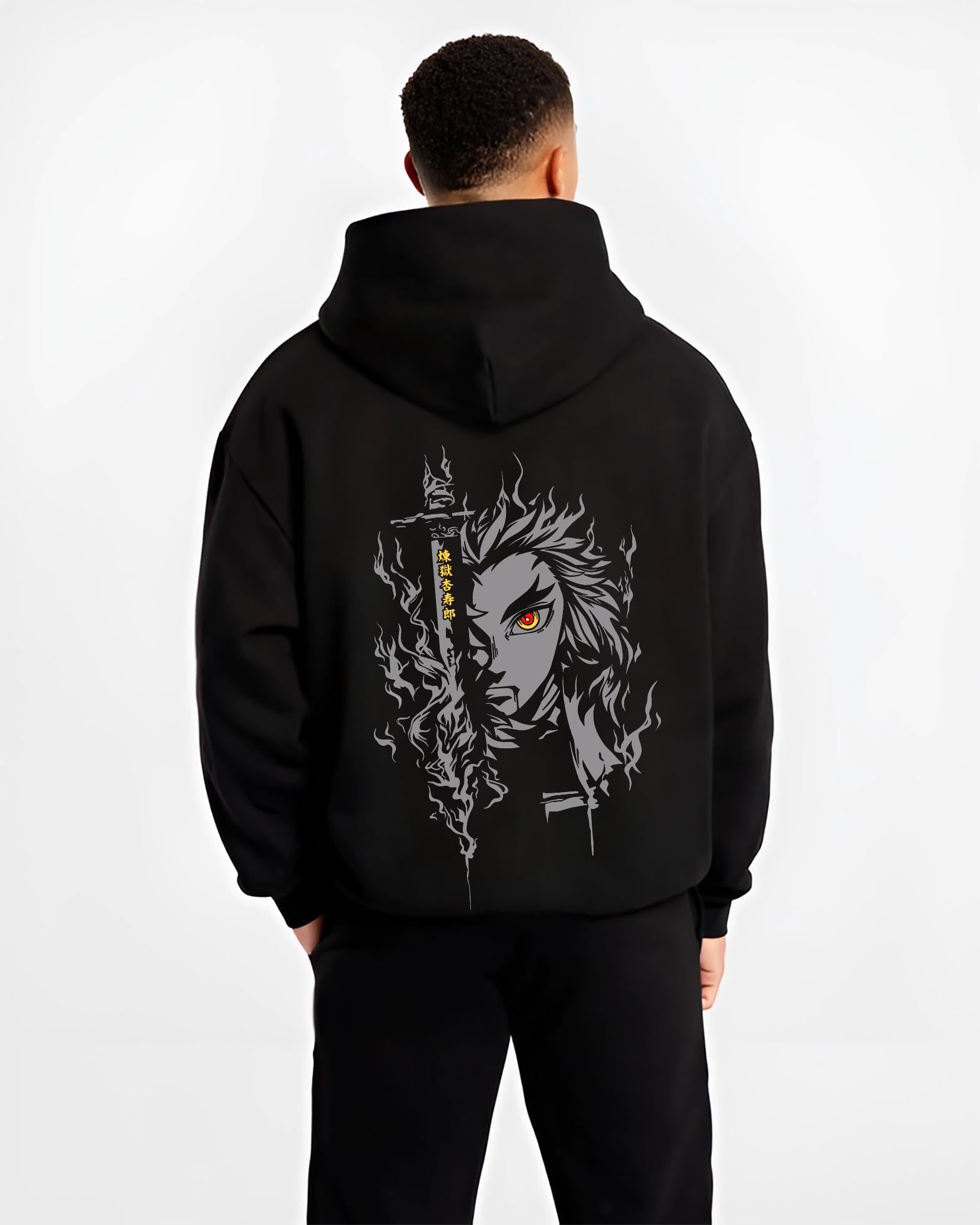 Black hoodie worn by a male model, back view, featuring Demon Slayer Rengoku anime poster inspired artwork with glowing red eye and fiery retro manga graphic style.