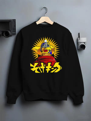 Black crewneck sweatshirt on hanger against grey wall, featuring urban fashion back design with manga idol, bold sunburst, and Japanese text.