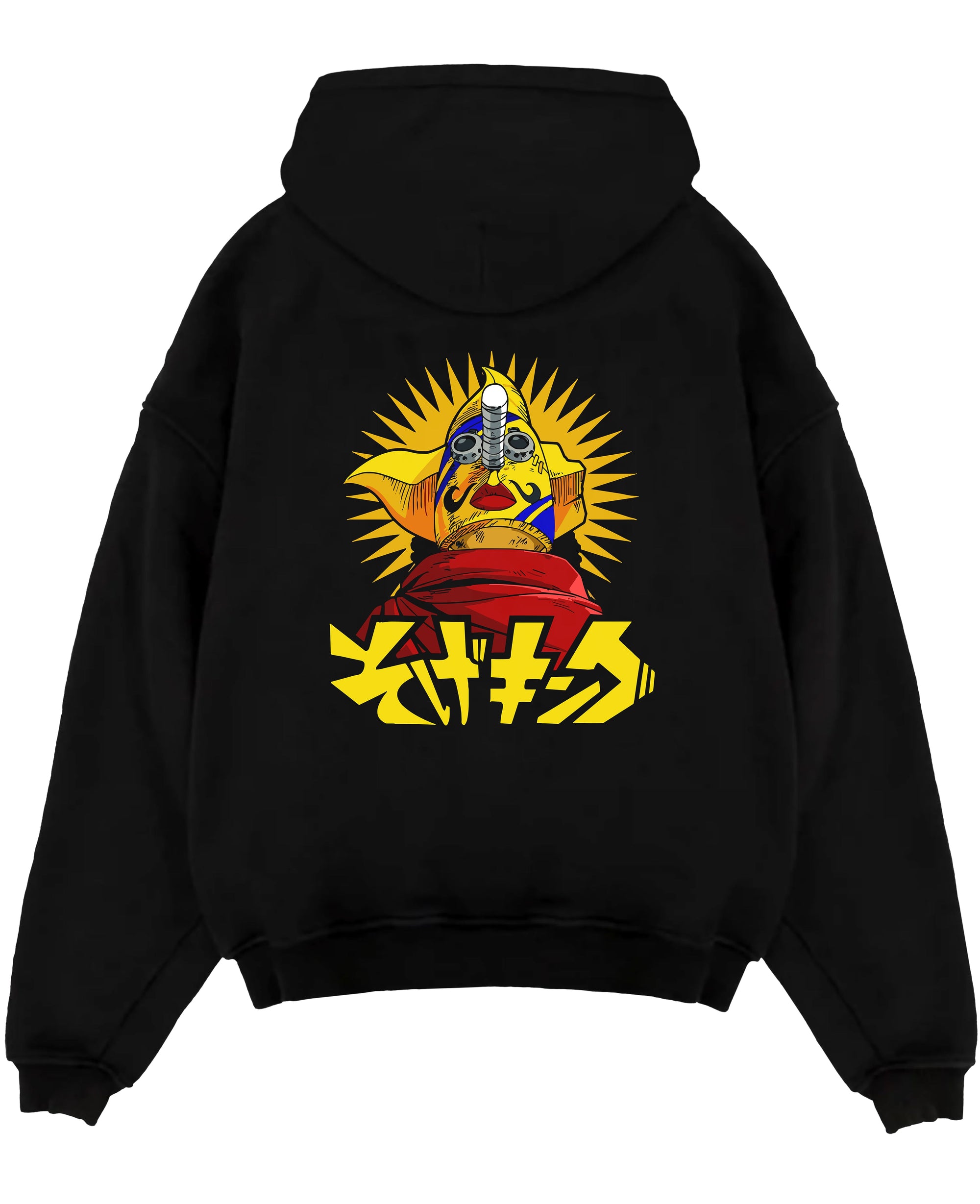Black pullover hoodie laid flat on white, featuring retro manga graphic of a masked idol with yellow sunburst and bold Japanese typography.