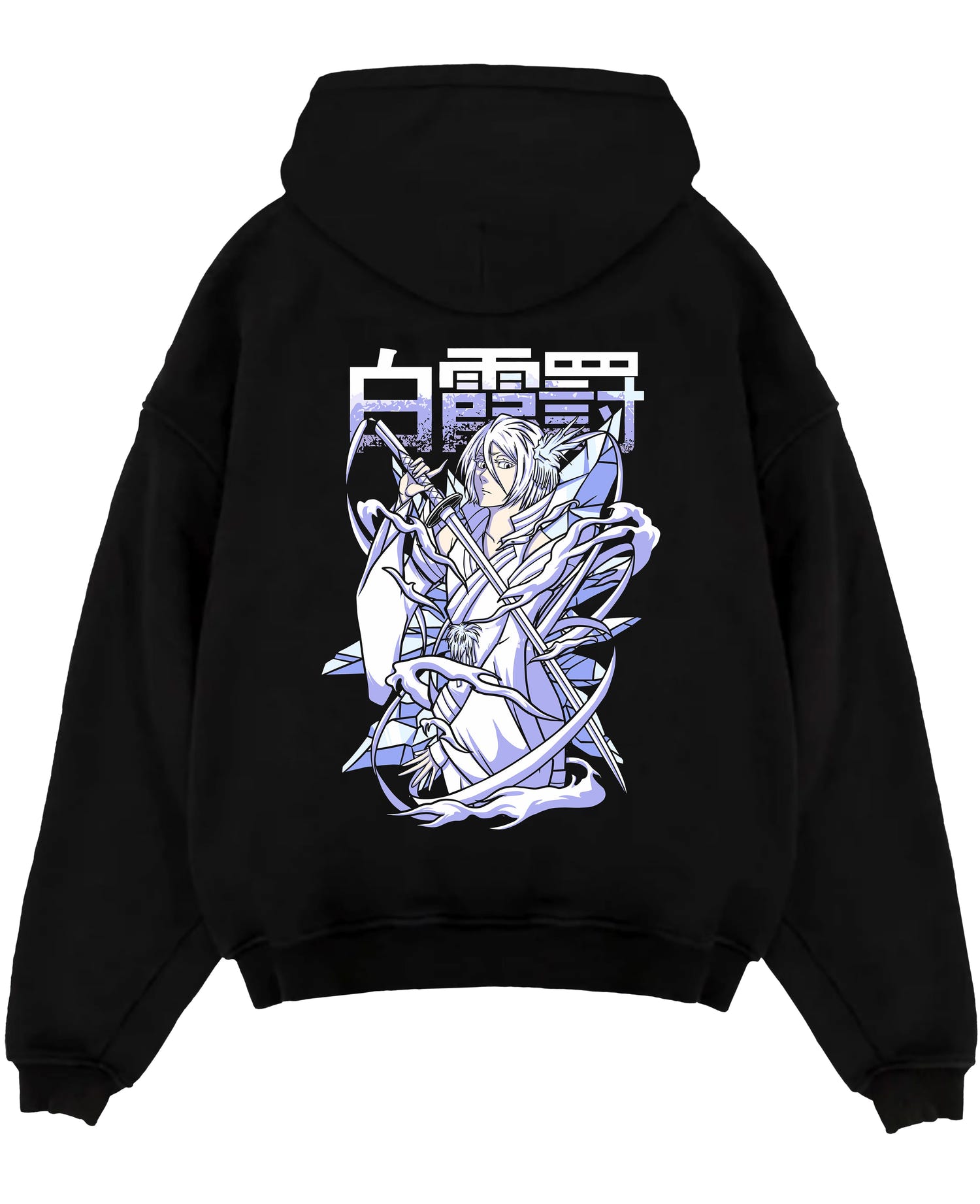Black pullover hoodie laid flat on a white background, featuring Rukia Kuchiki Bleach Bankai anime poster inspired icy retro manga battle artwork