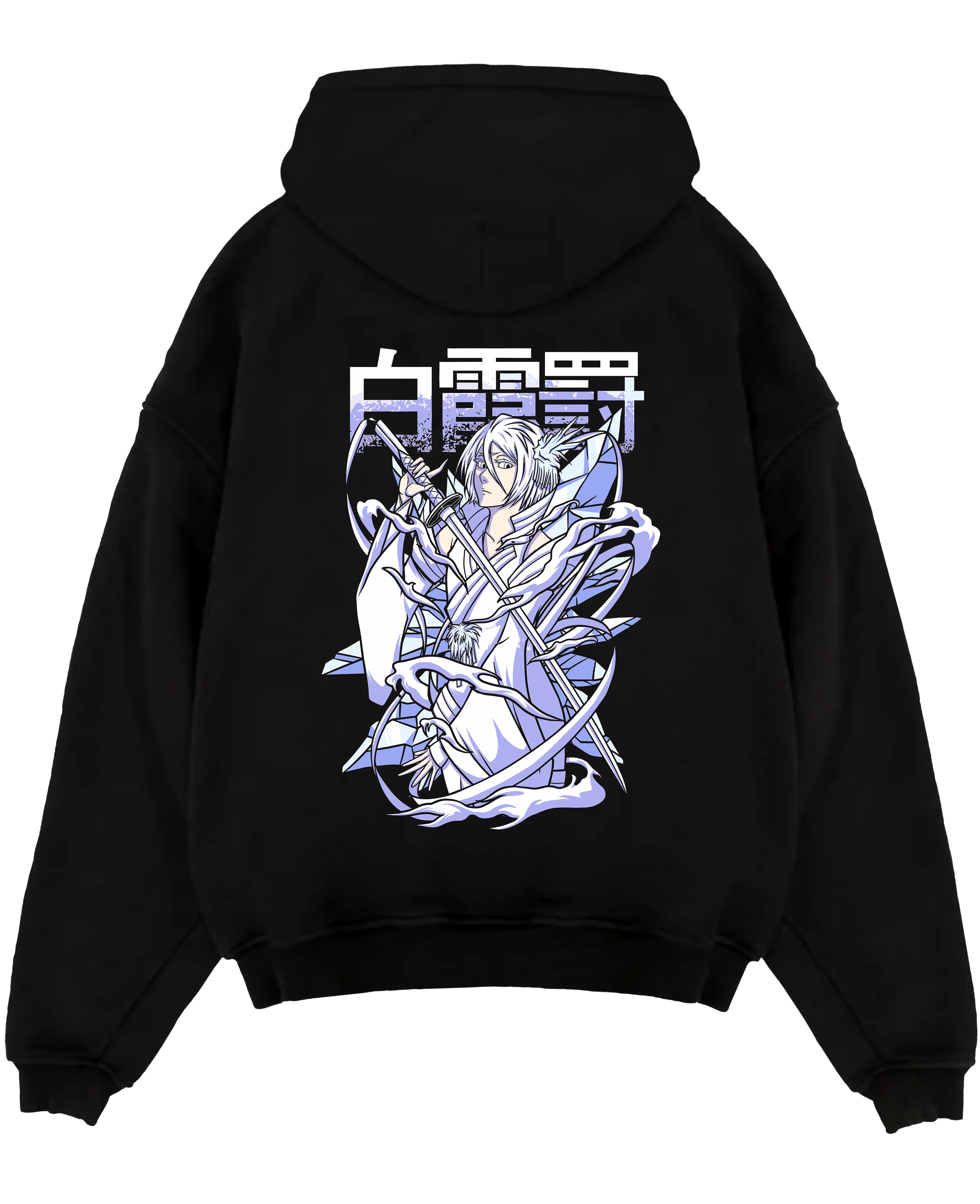 Black pullover hoodie laid flat on a white background, featuring Rukia Kuchiki Bleach Bankai anime poster inspired icy retro manga battle artwork