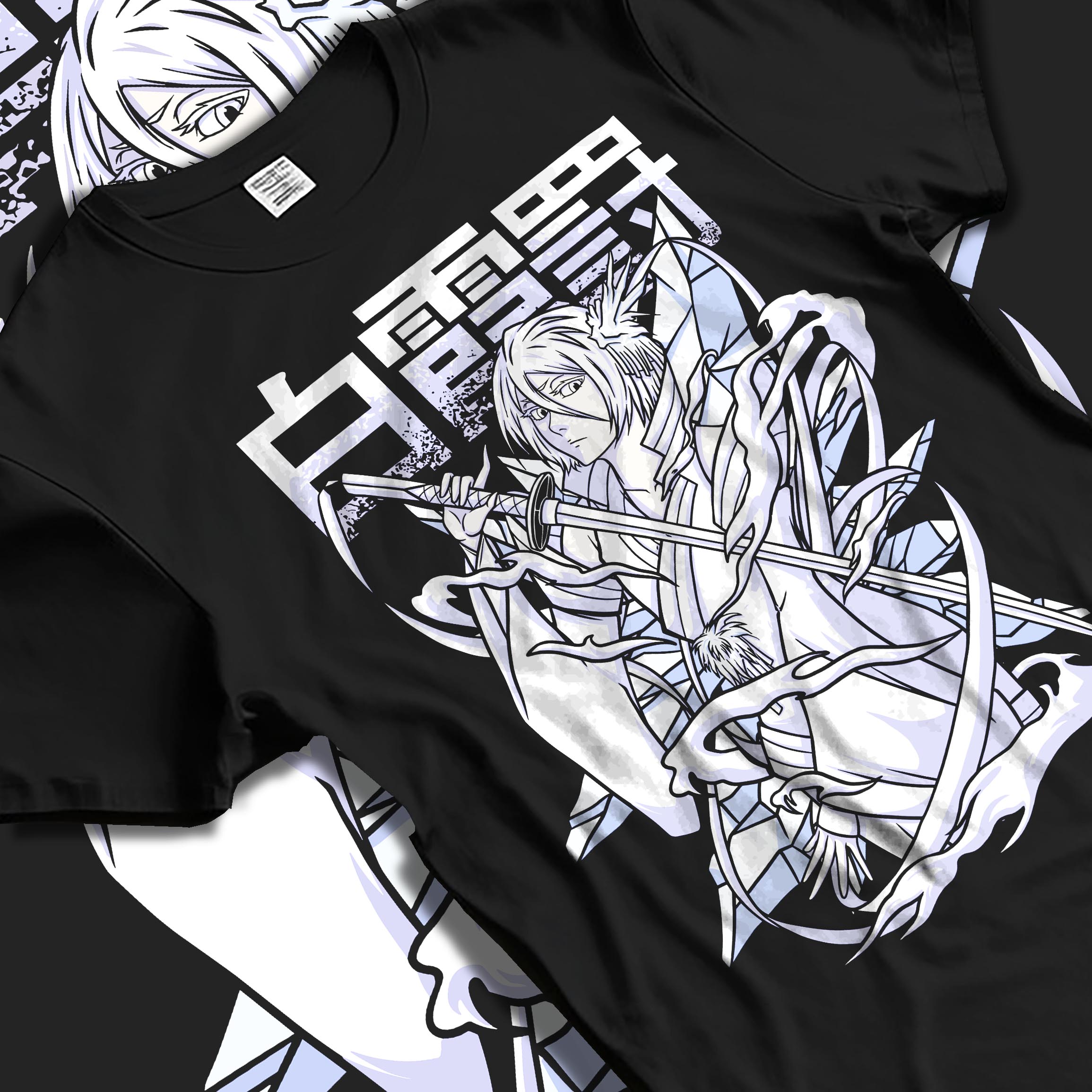 Black T-shirt laid flat with natural fabric folds, featuring Rukia Kuchiki Bleach Bankai anime poster inspired icy manga artwork with bold frosty tones