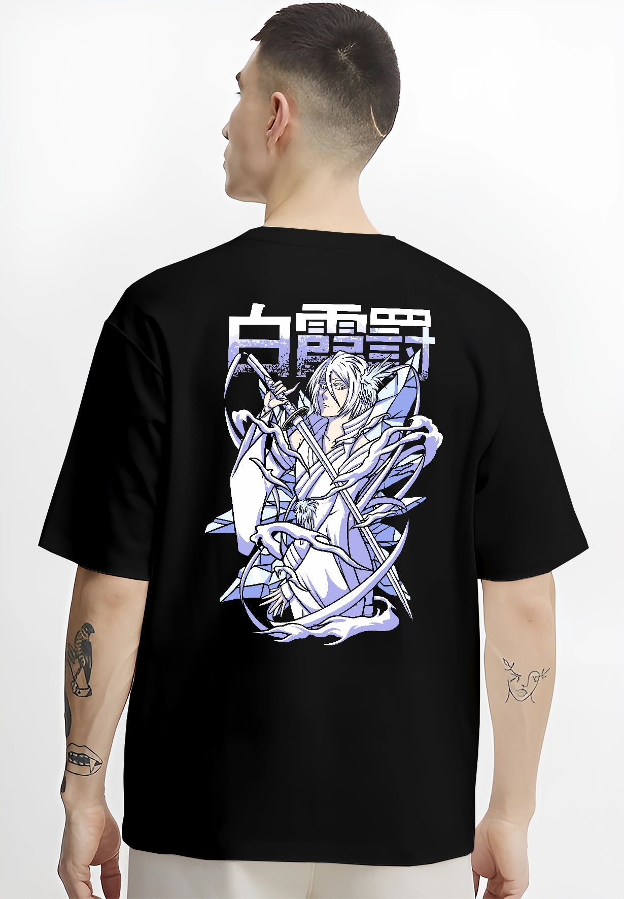 Black T-shirt worn by a male model, back view, featuring Rukia Kuchiki Bleach Bankai shonen battle anime poster inspired icy retro manga design