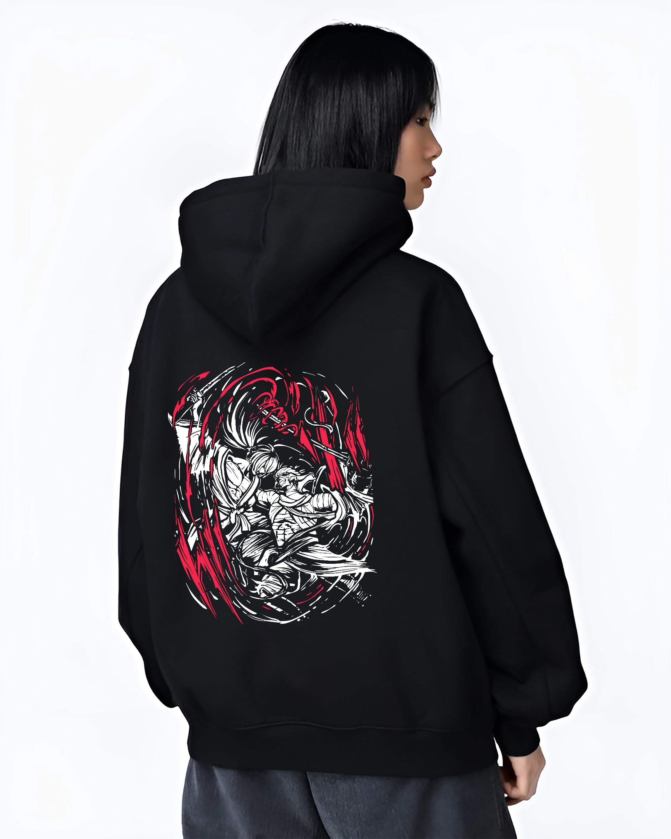 Black hoodie on female model, back view, Rurouni Kenshin Samurai X battle scene in bold sketch style with red sweeping strikes.