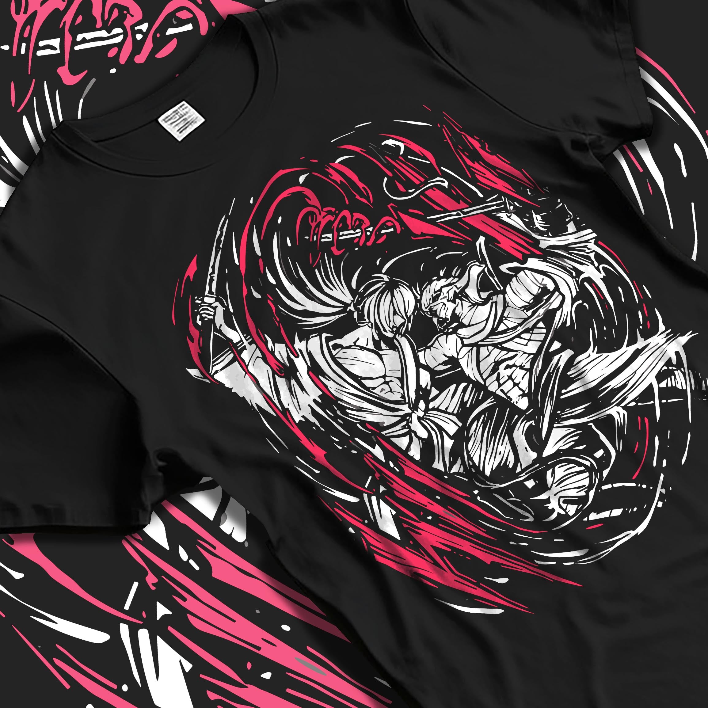 Black T-shirt laid flat with soft folds, featuring Rurouni Kenshin Samurai X sketch duel framed by red sweeping strokes.