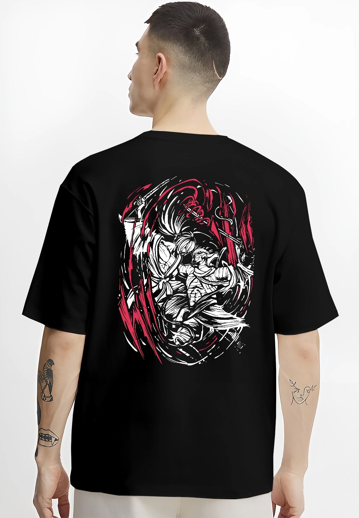 Black T-shirt on male model, back view, Rurouni Kenshin Samurai X retro manga duel with vivid red motion slashes.