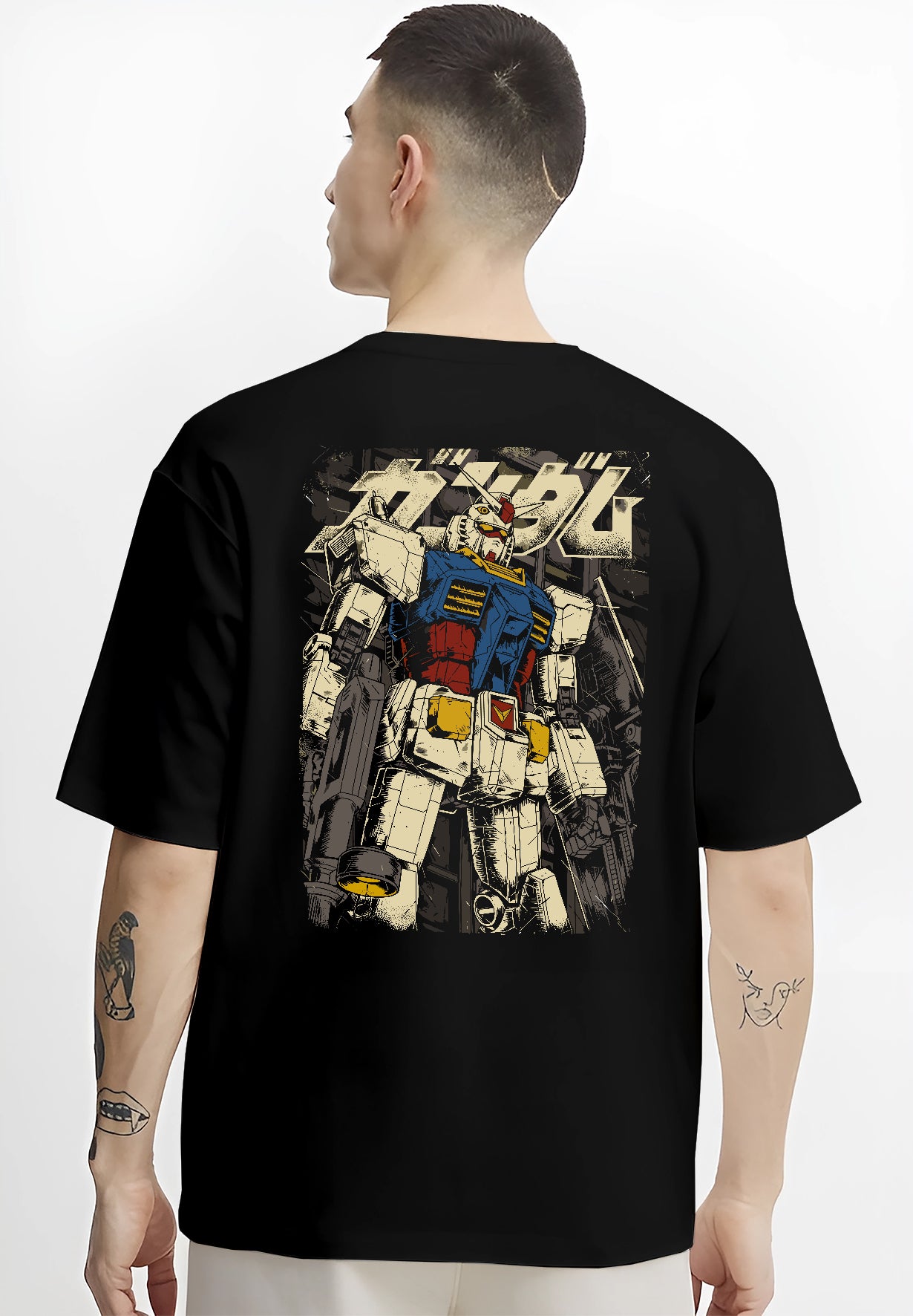 Black hoodie worn by a female model, back view, featuring RX-78-2 Gundam retro manga mecha artwork in bold vintage anime poster inspired streetwear graphic design
