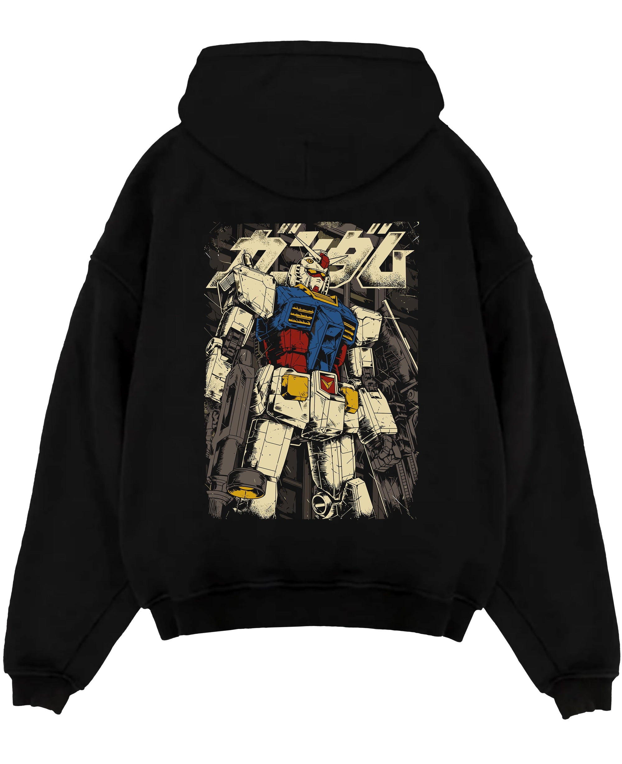Black pullover hoodie laid flat on a white background, featuring RX-78-2 Gundam retro mecha anime poster inspired design with bold vintage manga artwork