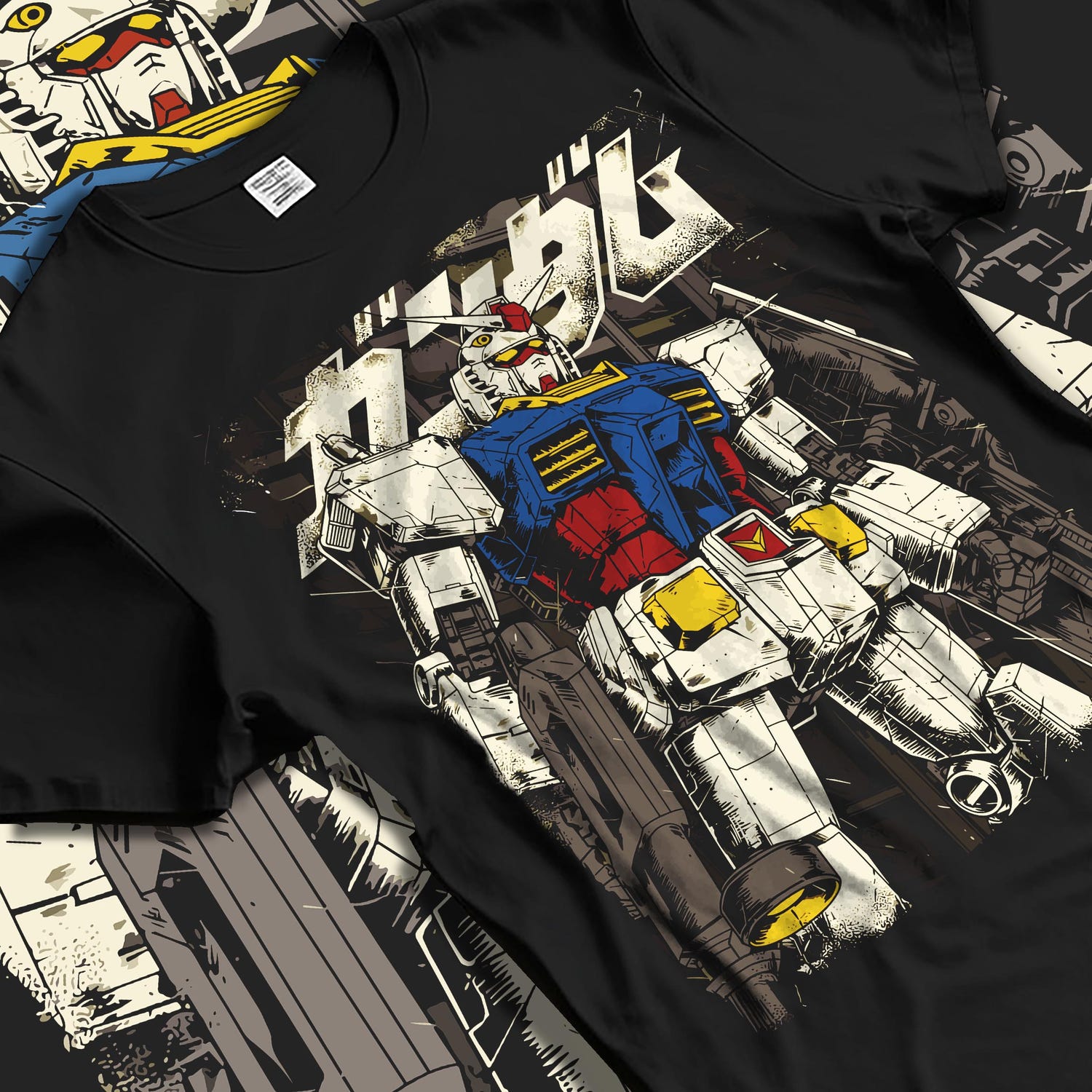 Black T-shirt laid flat with natural fabric folds, featuring RX-78-2 Gundam retro manga panel anime poster inspired mecha artwork with nostalgic Japanese style tones