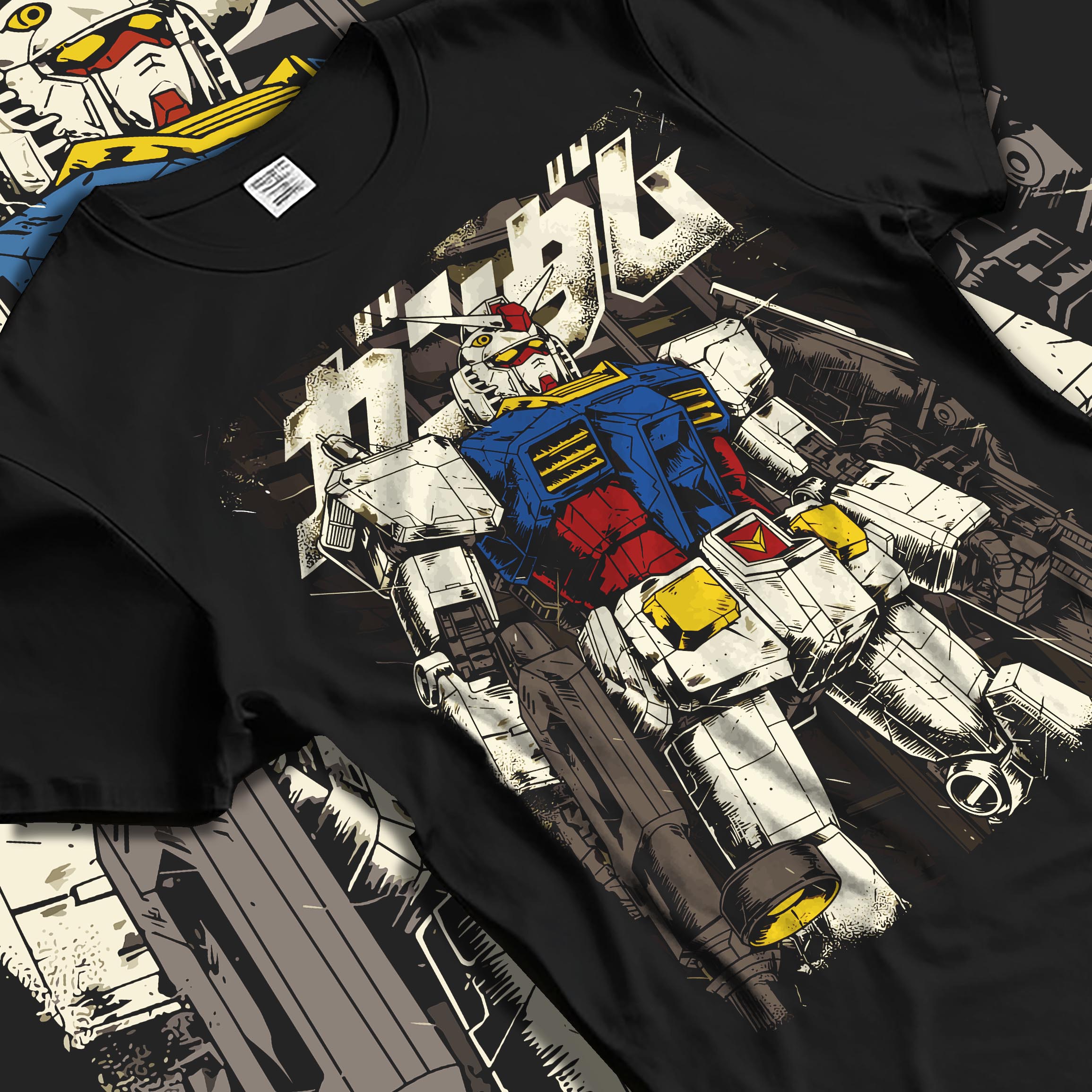 Black T-shirt laid flat with natural fabric folds, featuring RX-78-2 Gundam retro manga panel anime poster inspired mecha artwork with nostalgic Japanese style tones