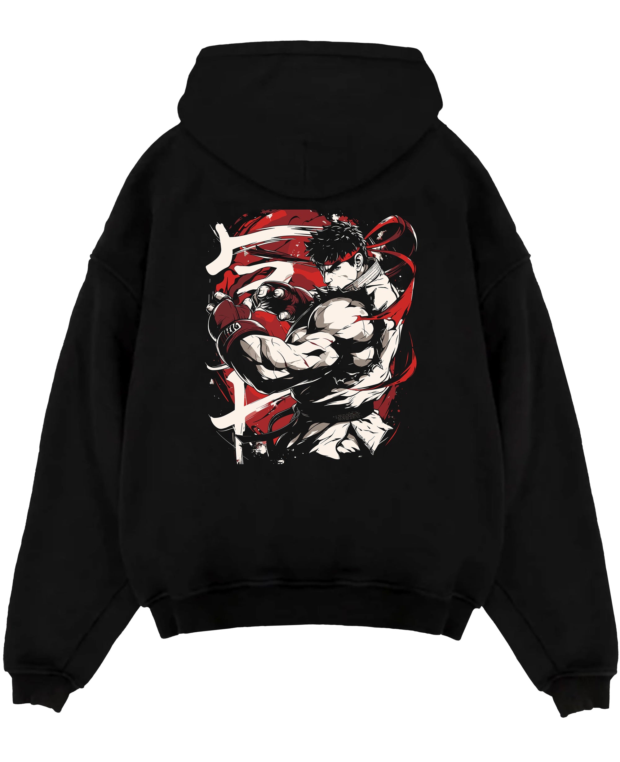 Black pullover hoodie laid flat on a white background, featuring Ryu Street Fighter retro manga inspired artwork with red headband and bold fighting stance graphic.