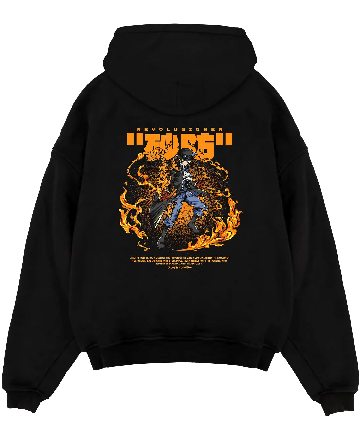 Black pullover hoodie laid flat on a white background, featuring Sabo One Piece fiery anime poster inspired retro manga streetwear graphic