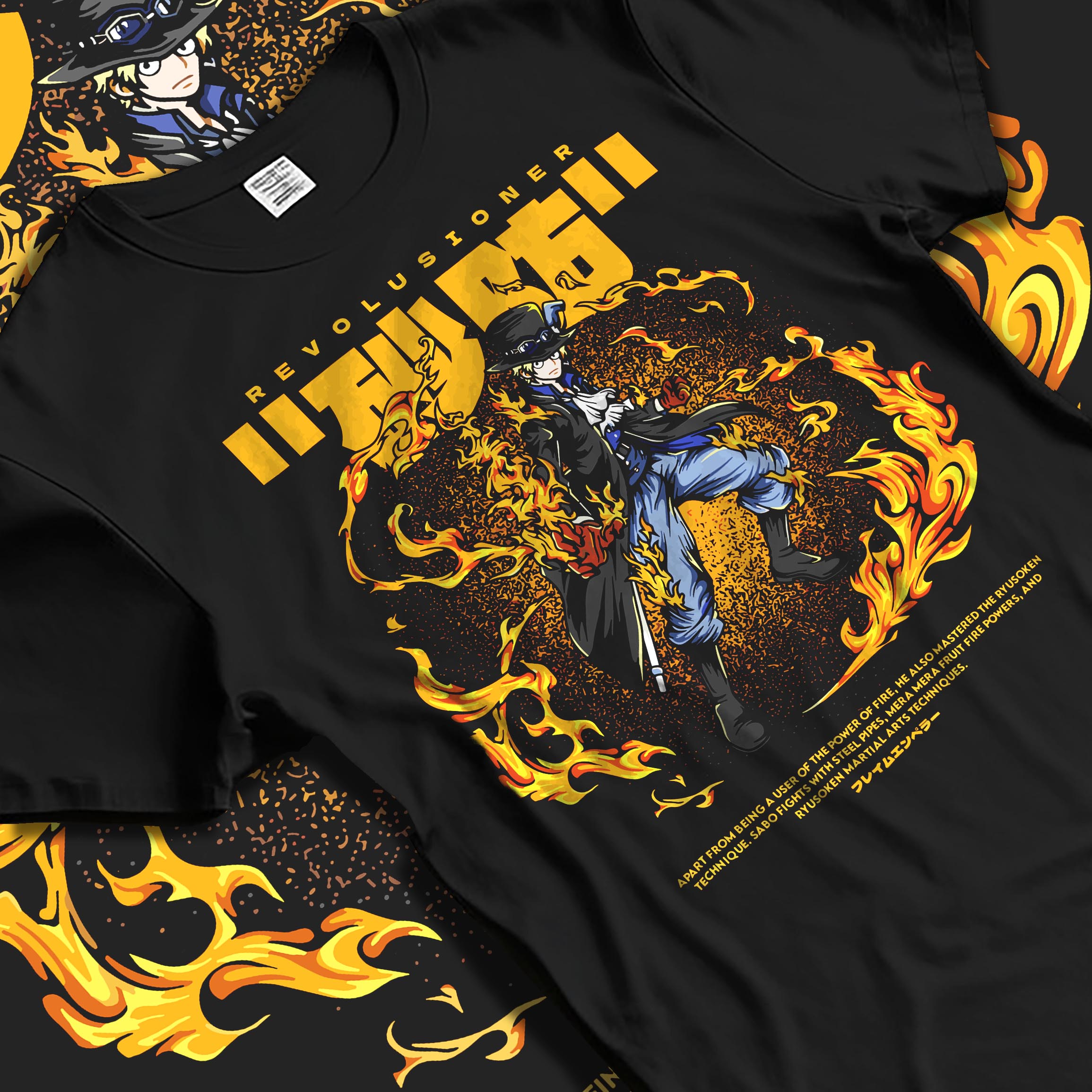 Black T-shirt laid flat with natural fabric folds, featuring Sabo One Piece anime poster inspired fiery manga artwork with glowing orange flame effect