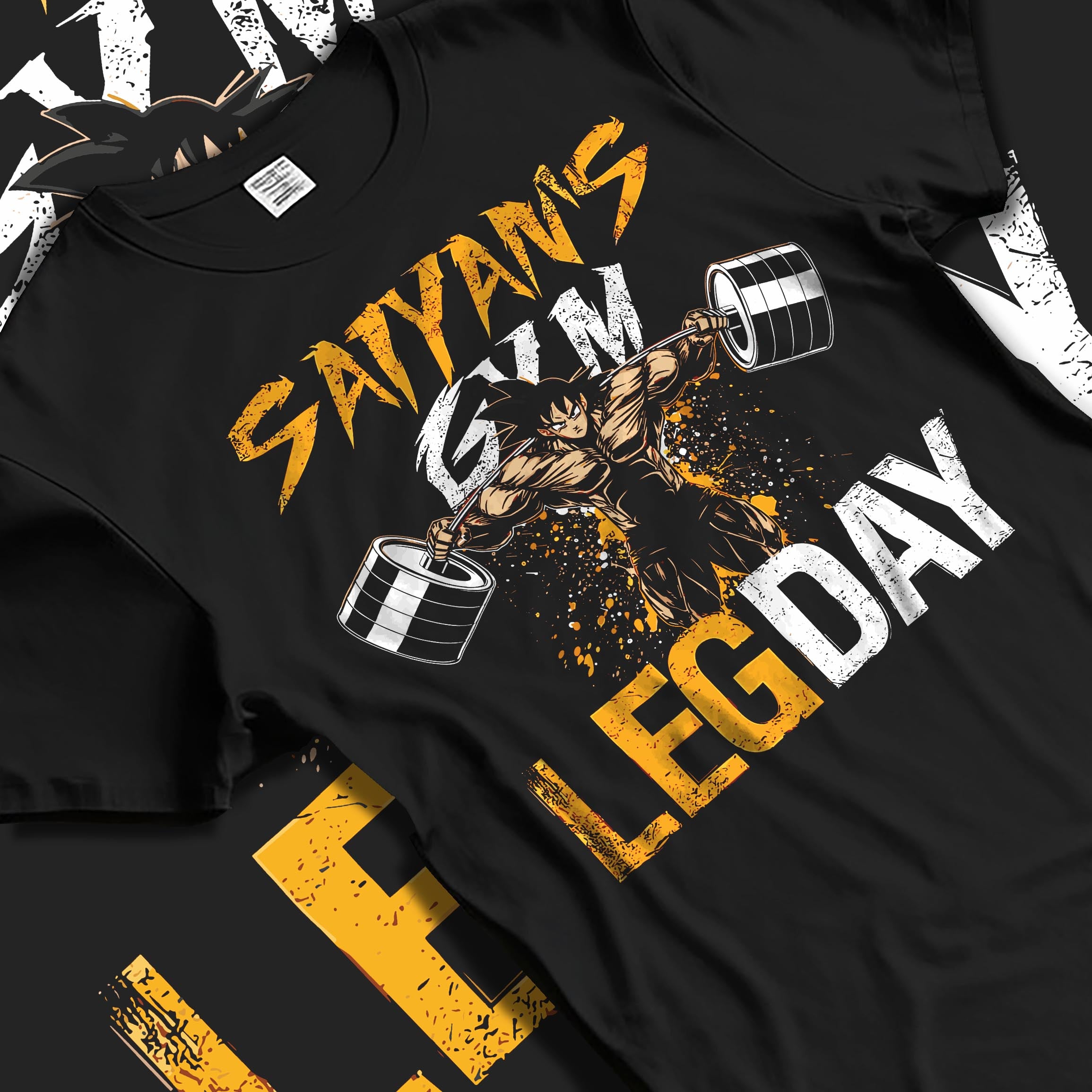 Black T-shirt laid flat with natural fabric folds, featuring Saiyan’s Gym Leg Day comic book retro graphic of strong anime-inspired warrior lifting oversized dumbbells.