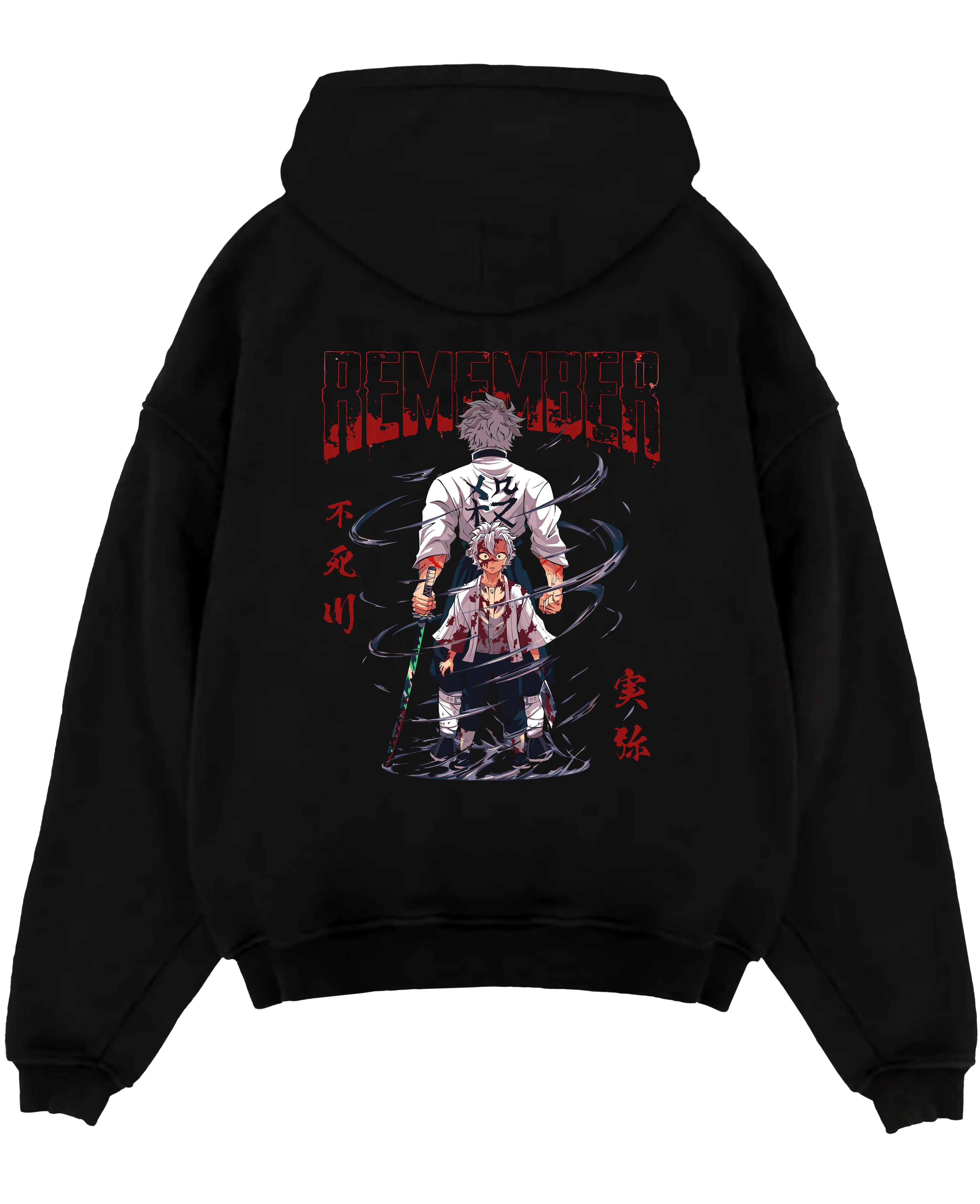 Black pullover hoodie laid flat on a white background, featuring Sanemi Demon Slayer anime poster inspired artwork with bloodstained scene and dark manga panel style.