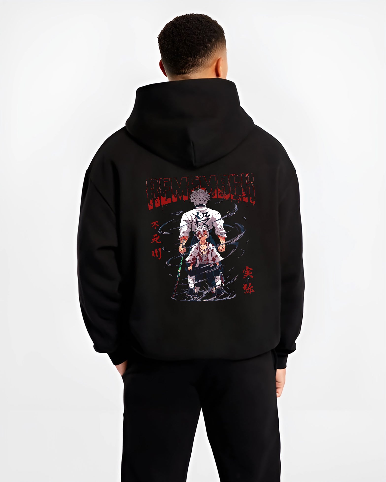 Black hoodie worn by a male model, back view, featuring Sanemi Demon Slayer retro manga graphic with intense battle stance and Japanese animation streetwear design.