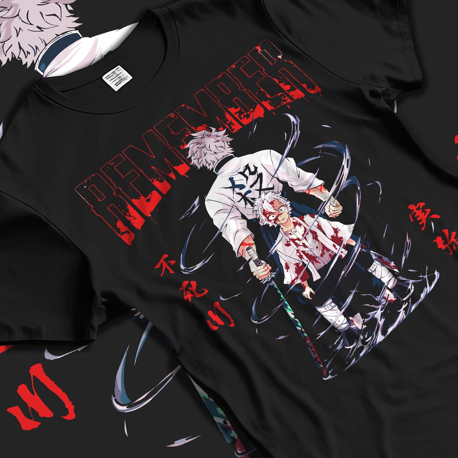 Black T-shirt laid flat with natural fabric folds, featuring Sanemi Demon Slayer retro manga inspired battle artwork with eerie Japanese animation and apocalyptic tones.