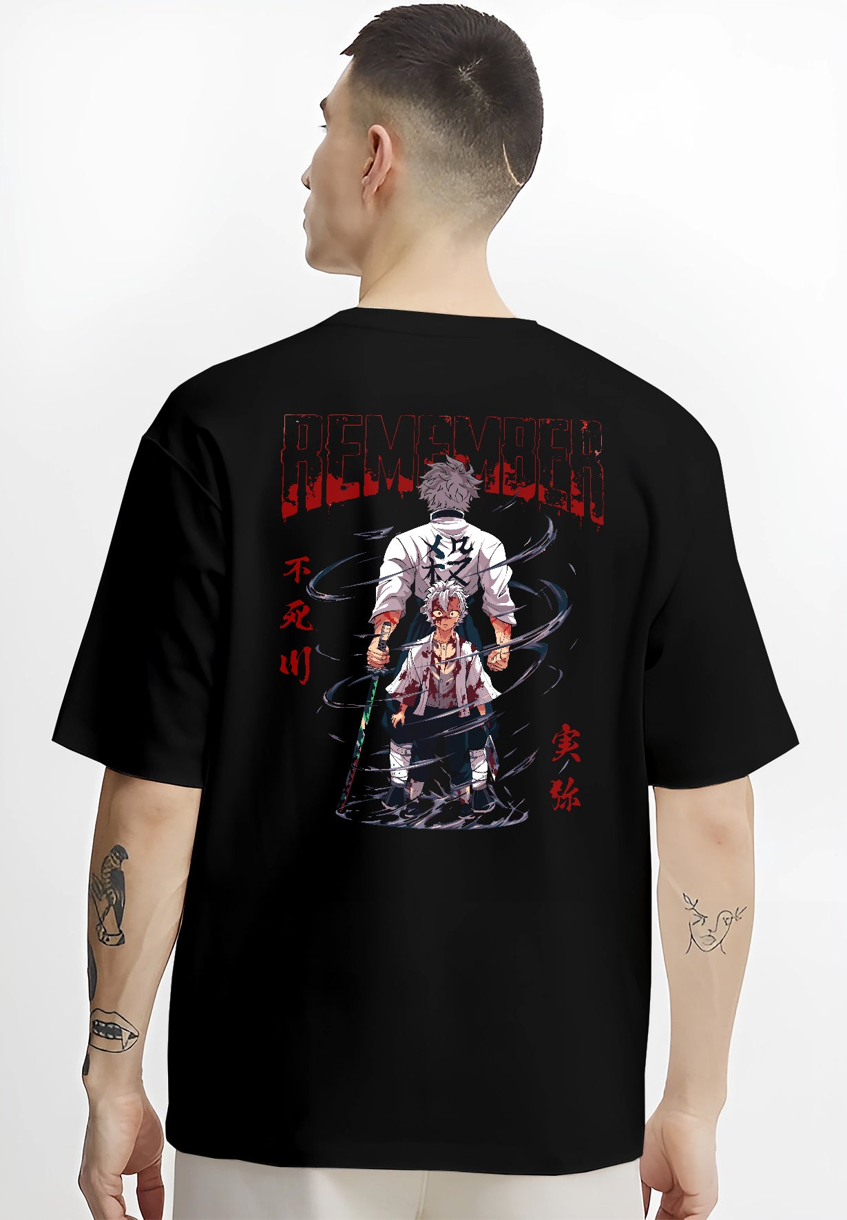 Black T-shirt worn by a male model, back view, featuring Sanemi Demon Slayer dark manga panel design with haunting artwork and anime streetwear retro poster influence.