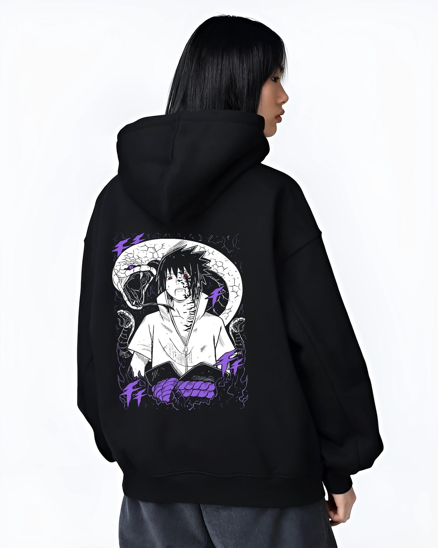Black hoodie worn by a female model, back view, featuring Sasuke Naruto anime poster inspired design with purple aura and urban fashion back artwork.