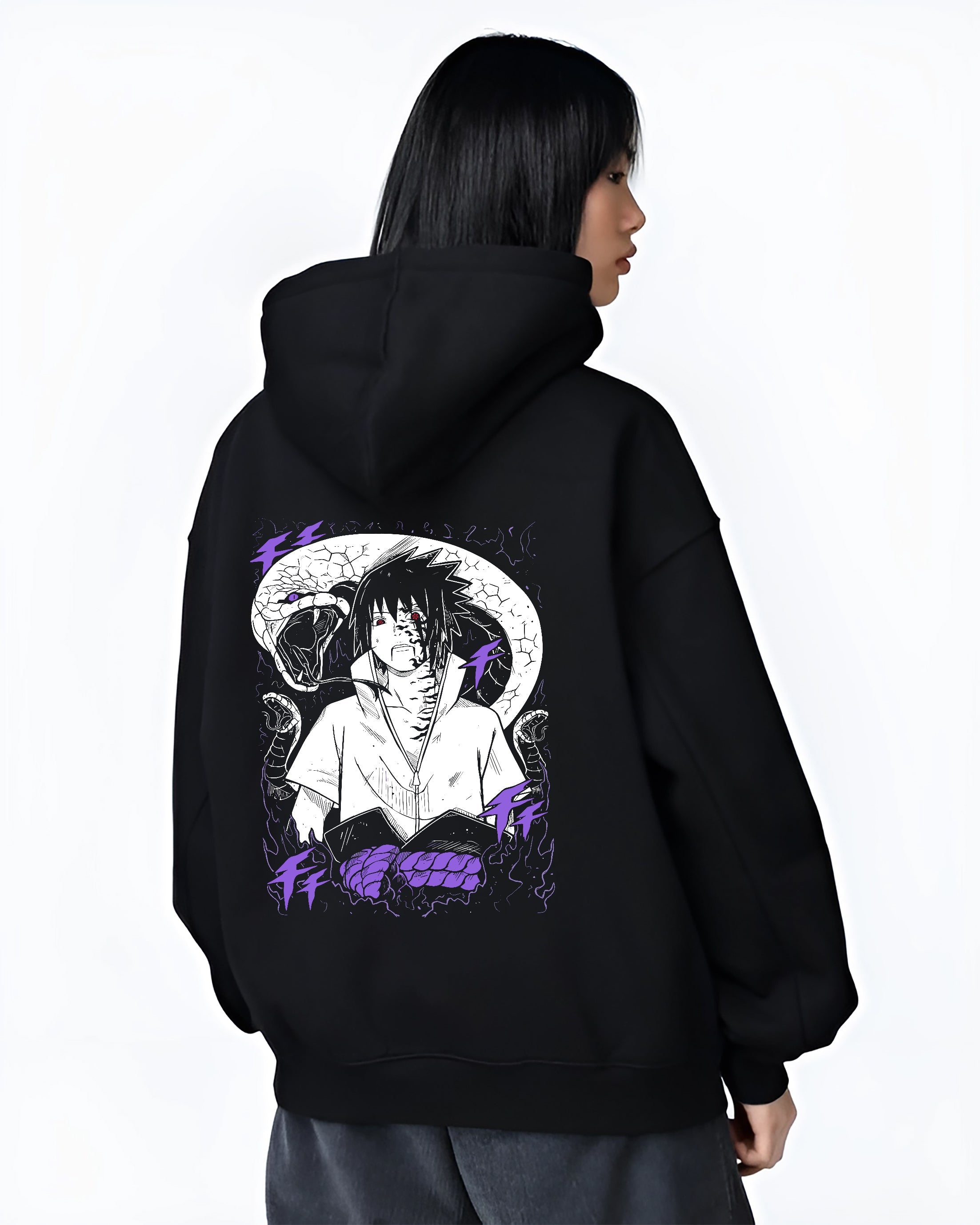 Black hoodie worn by a female model, back view, featuring Sasuke Naruto anime poster inspired design with purple aura and urban fashion back artwork.