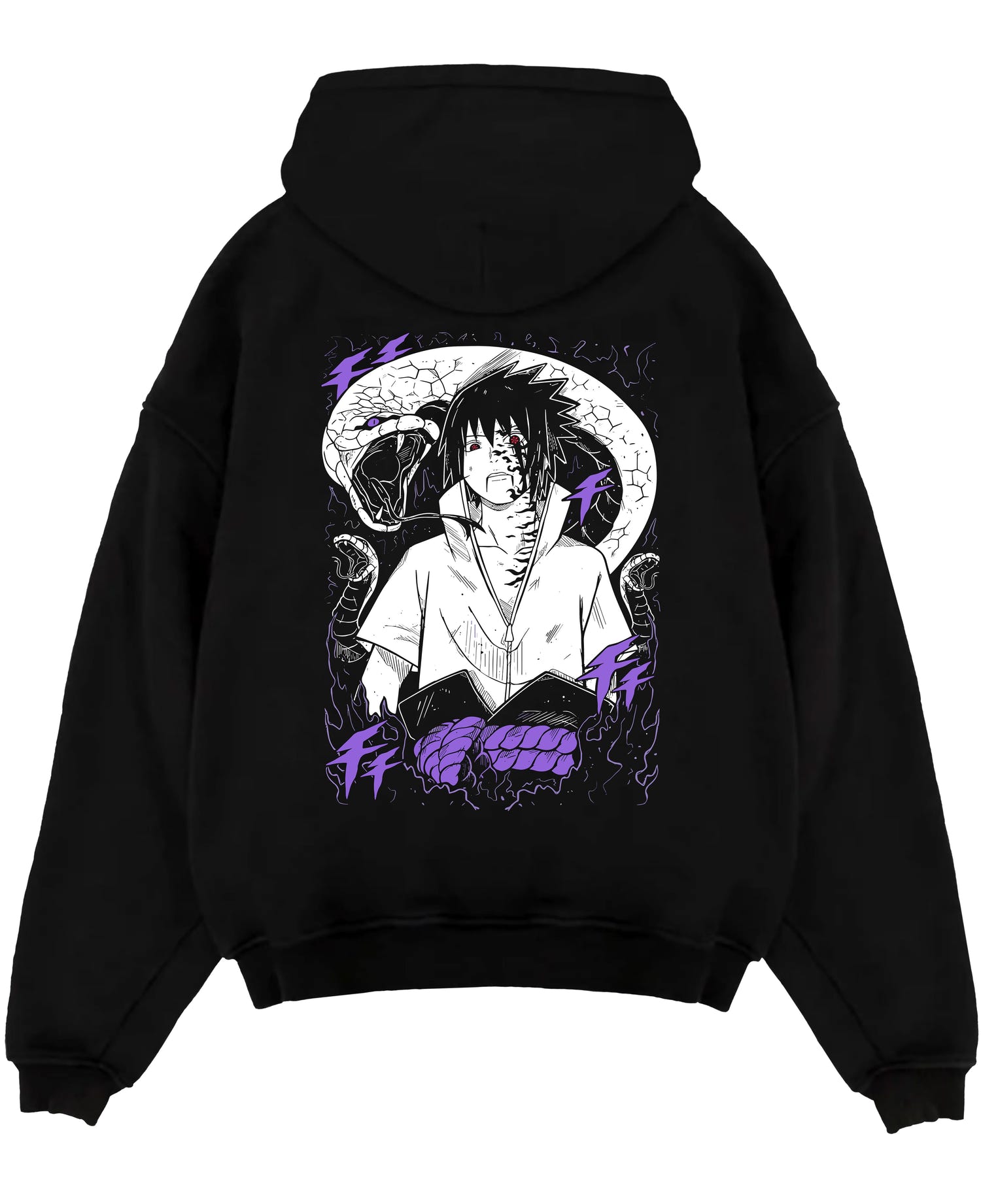 Black pullover hoodie laid flat on a white background, featuring Sasuke Naruto anime poster inspired artwork with snake motif and bold retro manga graphic.