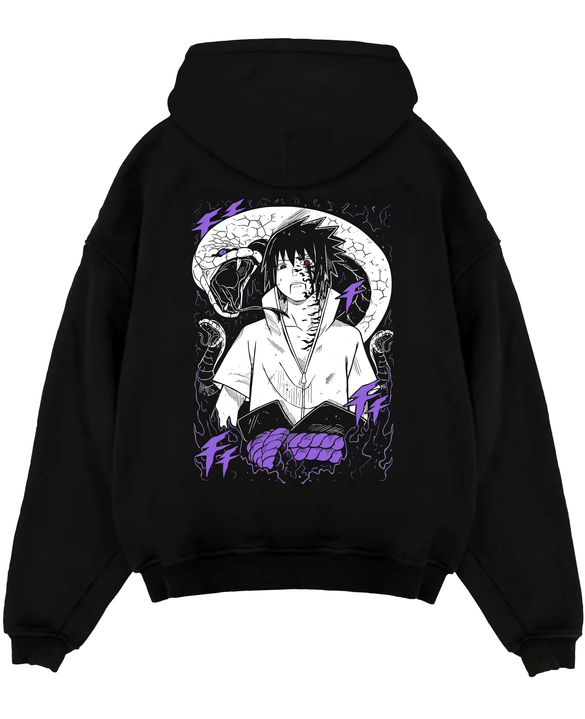 Black pullover hoodie laid flat on a white background, featuring Sasuke Naruto anime poster inspired artwork with snake motif and bold retro manga graphic.