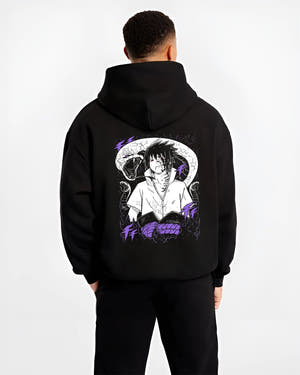 Black hoodie worn by a male model, back view, featuring Sasuke Naruto retro manga panel artwork with serpent detail and Japanese animation streetwear aesthetic.