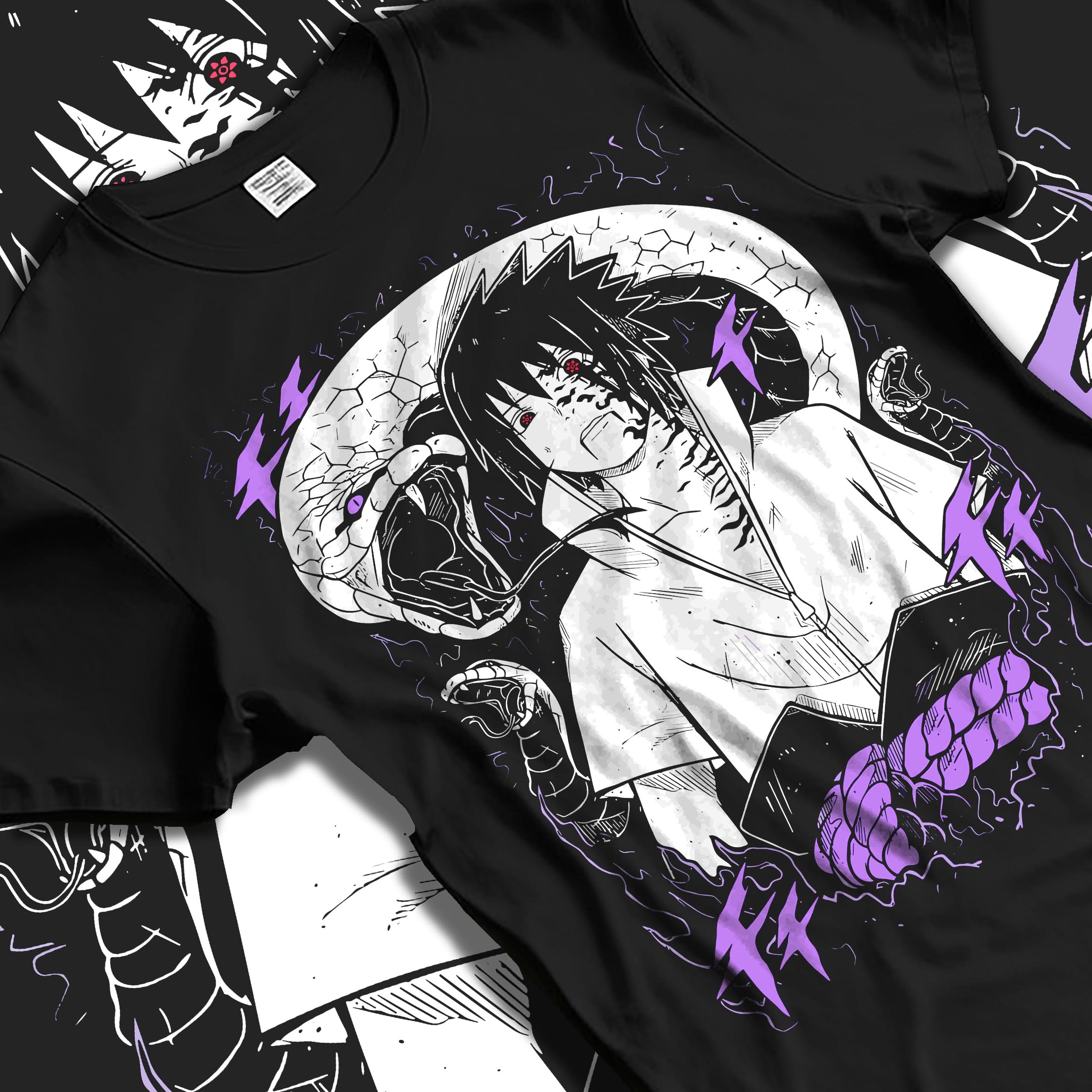 Black T-shirt laid flat with natural fabric folds, featuring Sasuke Naruto anime poster inspired design with purple tones and retro manga streetwear graphic.