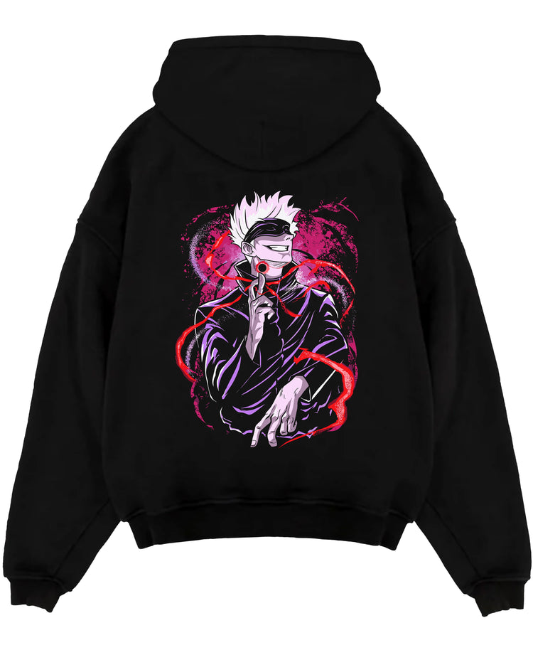 Black pullover hoodie laid flat on white, featuring Gojo Satoru retro manga graphic with magenta aura and streetwear back design.