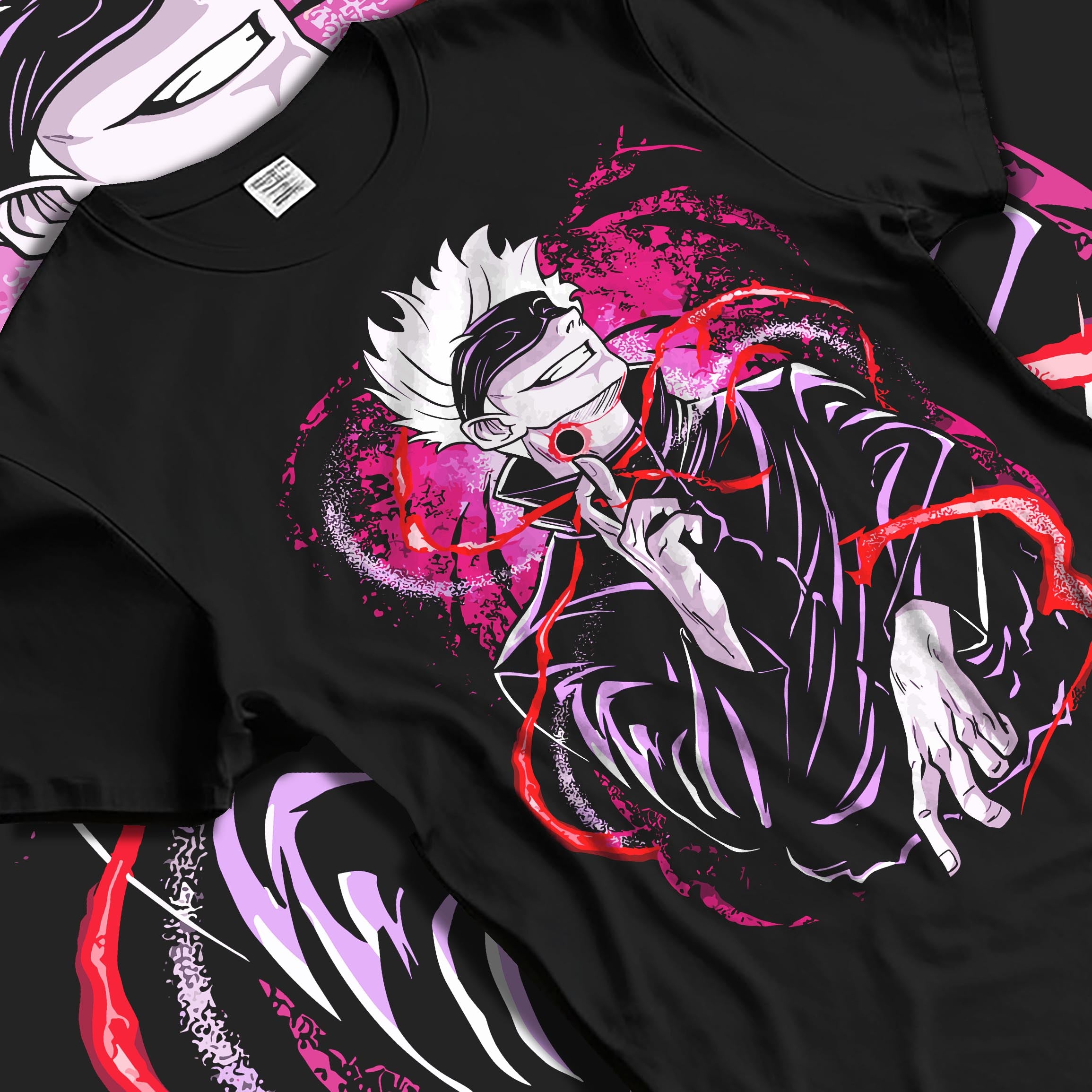 Black T-shirt laid flat with natural folds, featuring Gojo Satoru dark manga style print with magenta aura and clean streetwear back art.