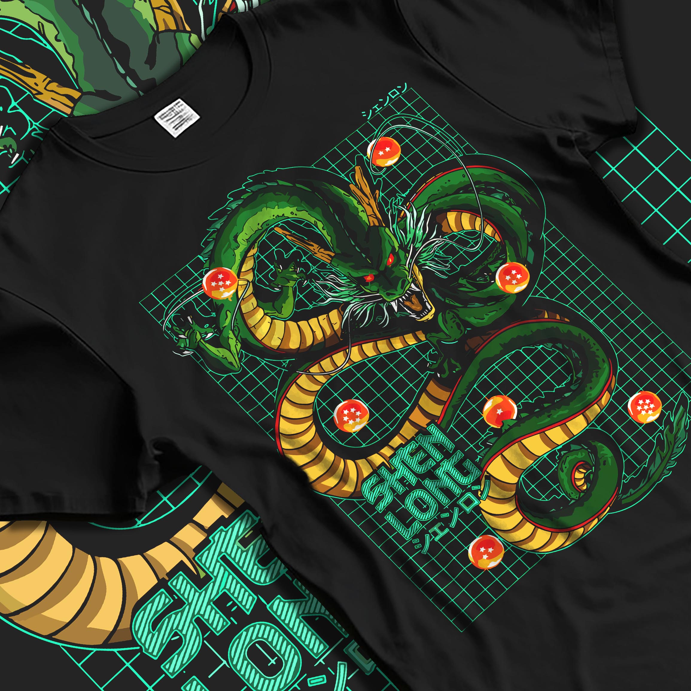 Black T-shirt laid flat with natural fabric folds, featuring Shenron retro manga graphic artwork with glowing Dragon Balls in vintage Japanese animation style.