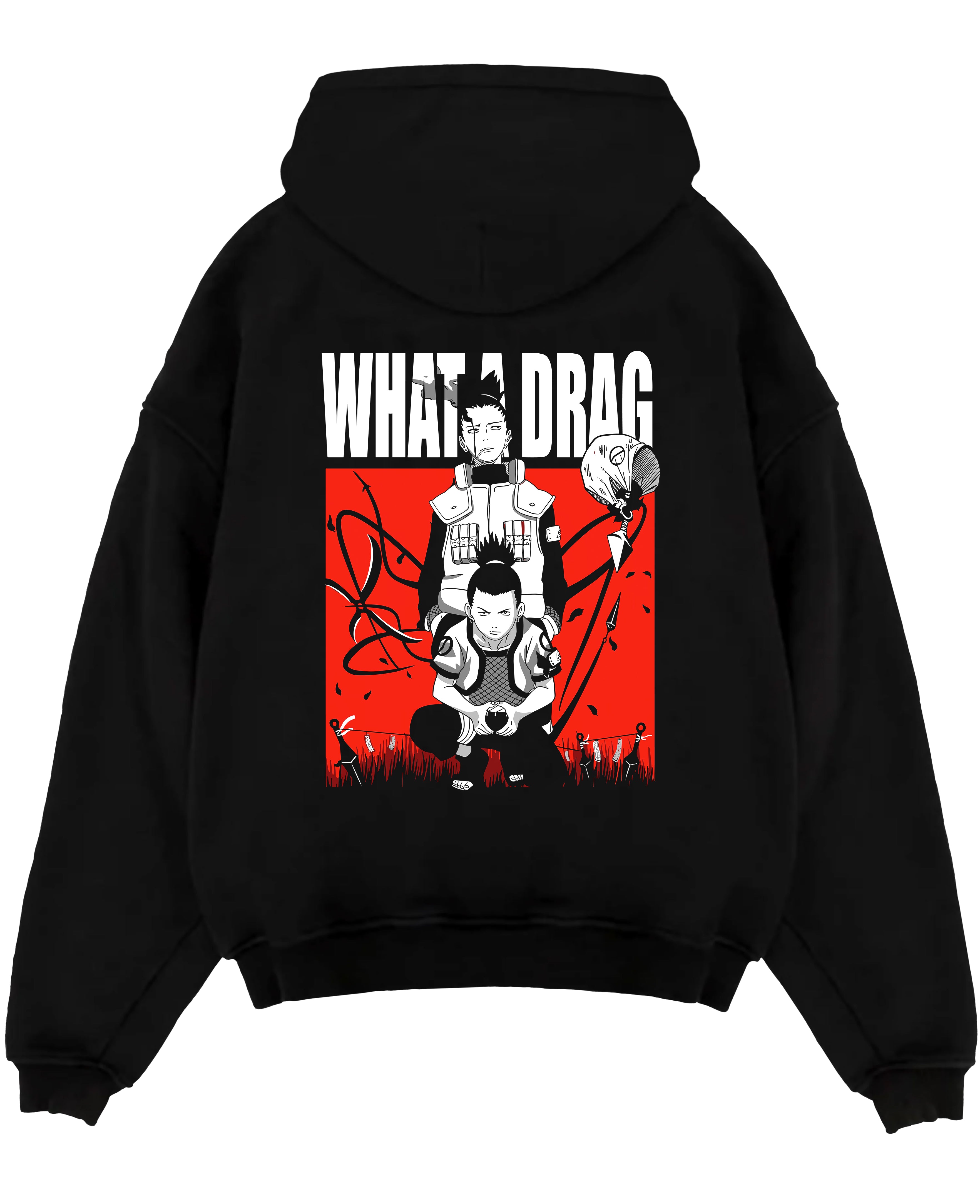 Black pullover hoodie laid flat, featuring Shikamaru Naruto retro manga graphic with red panel background and “what a drag” caption.
