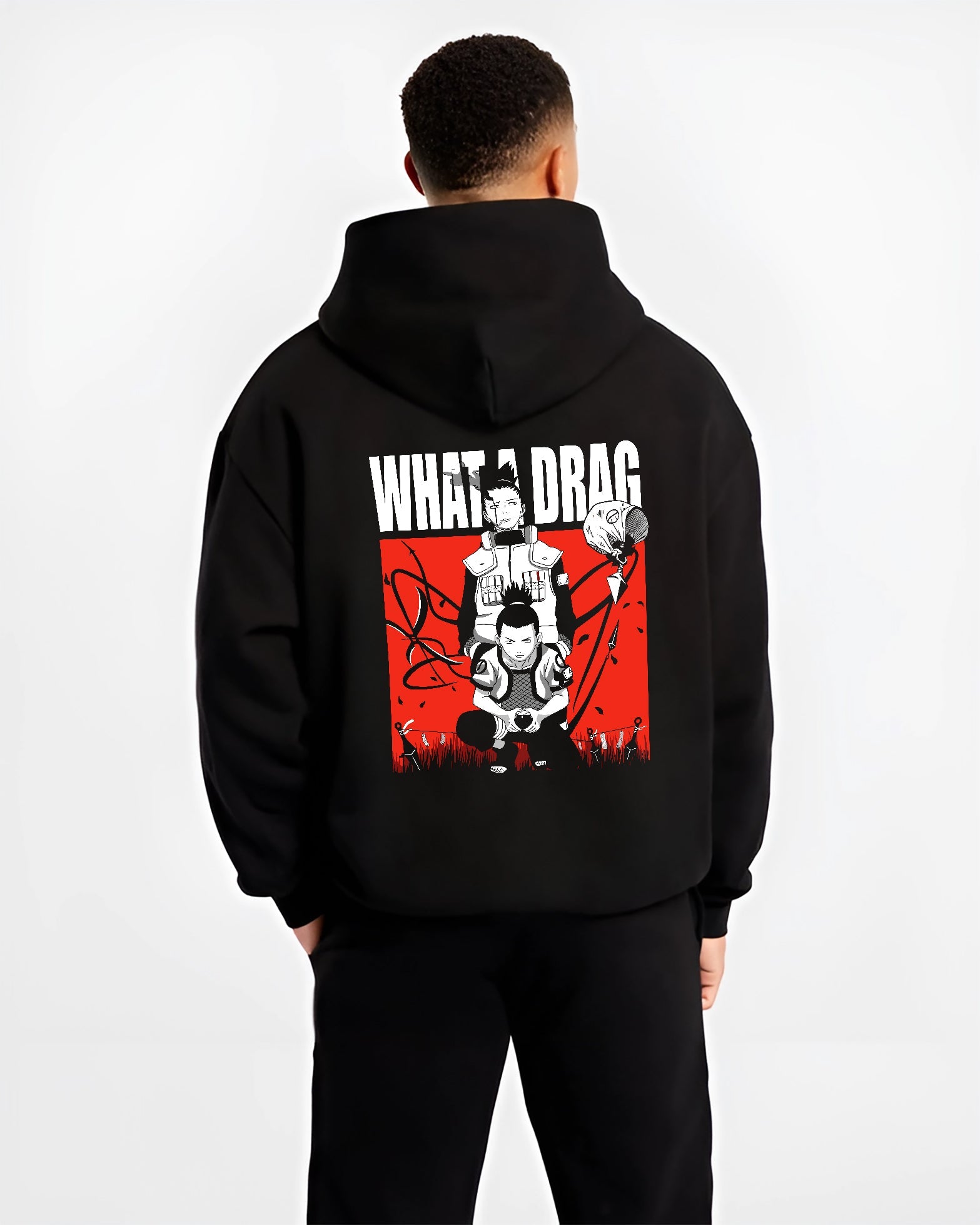 Black hoodie on male model, back view, featuring Shikamaru Naruto anime poster graphic with bold red panel and “what a drag” text.