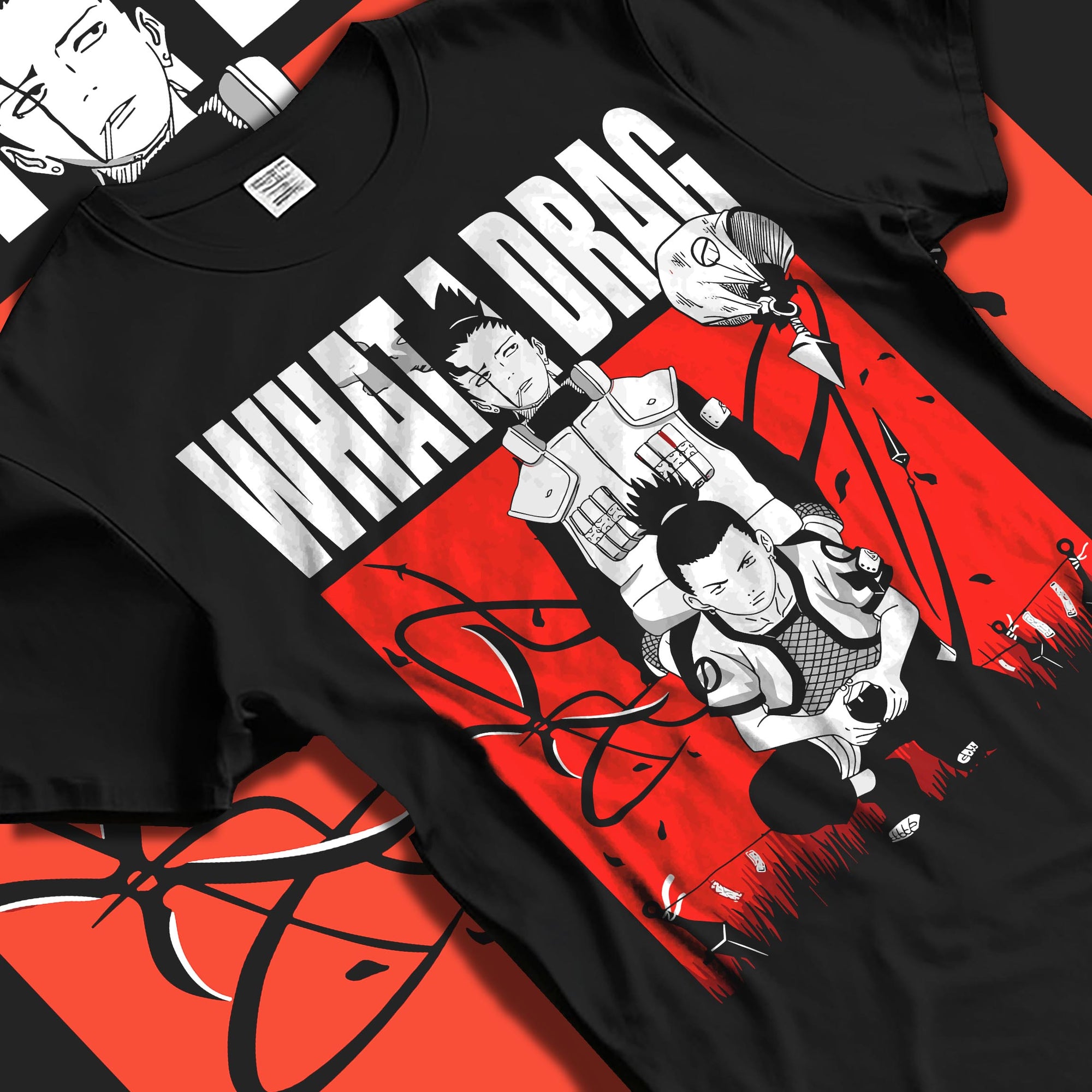 Black T-shirt laid flat with soft folds, featuring Shikamaru Naruto retro manga back graphic and bold red panel, “what a drag.”