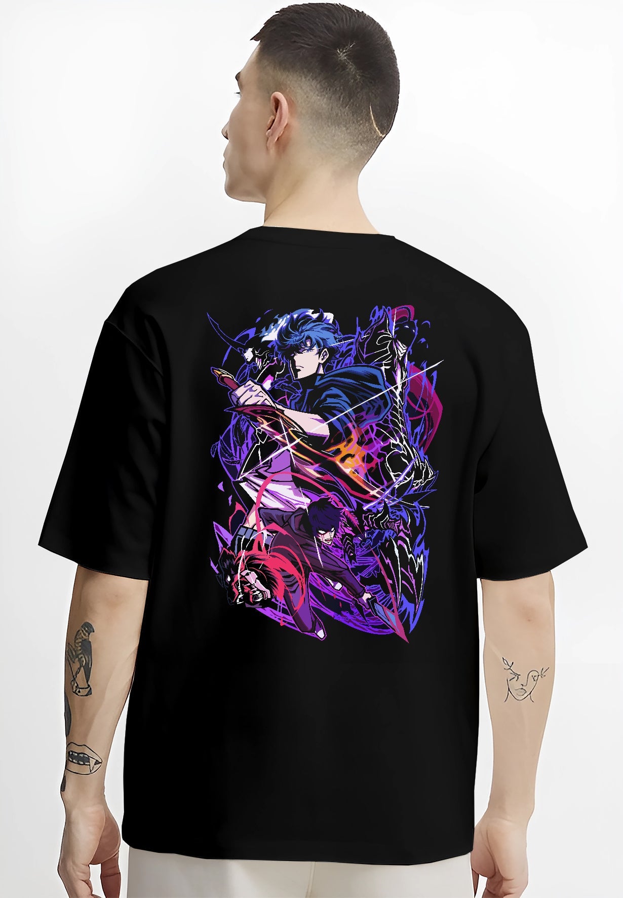 Black hoodie worn by a female model, back view, featuring Sung Jinwoo Solo Leveling Japanese animation streetwear design with neon purple anime poster inspired battle art