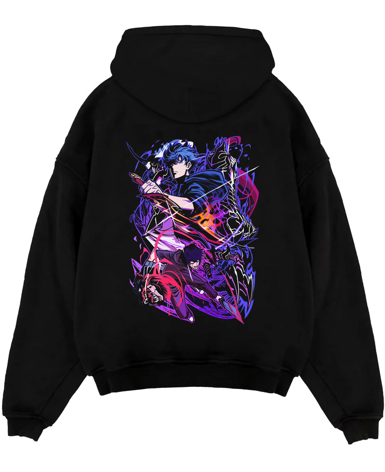 Black pullover hoodie laid flat on a white background, featuring Sung Jinwoo Solo Leveling anime poster inspired design with neon cyberpunk manga artwork in purple tones