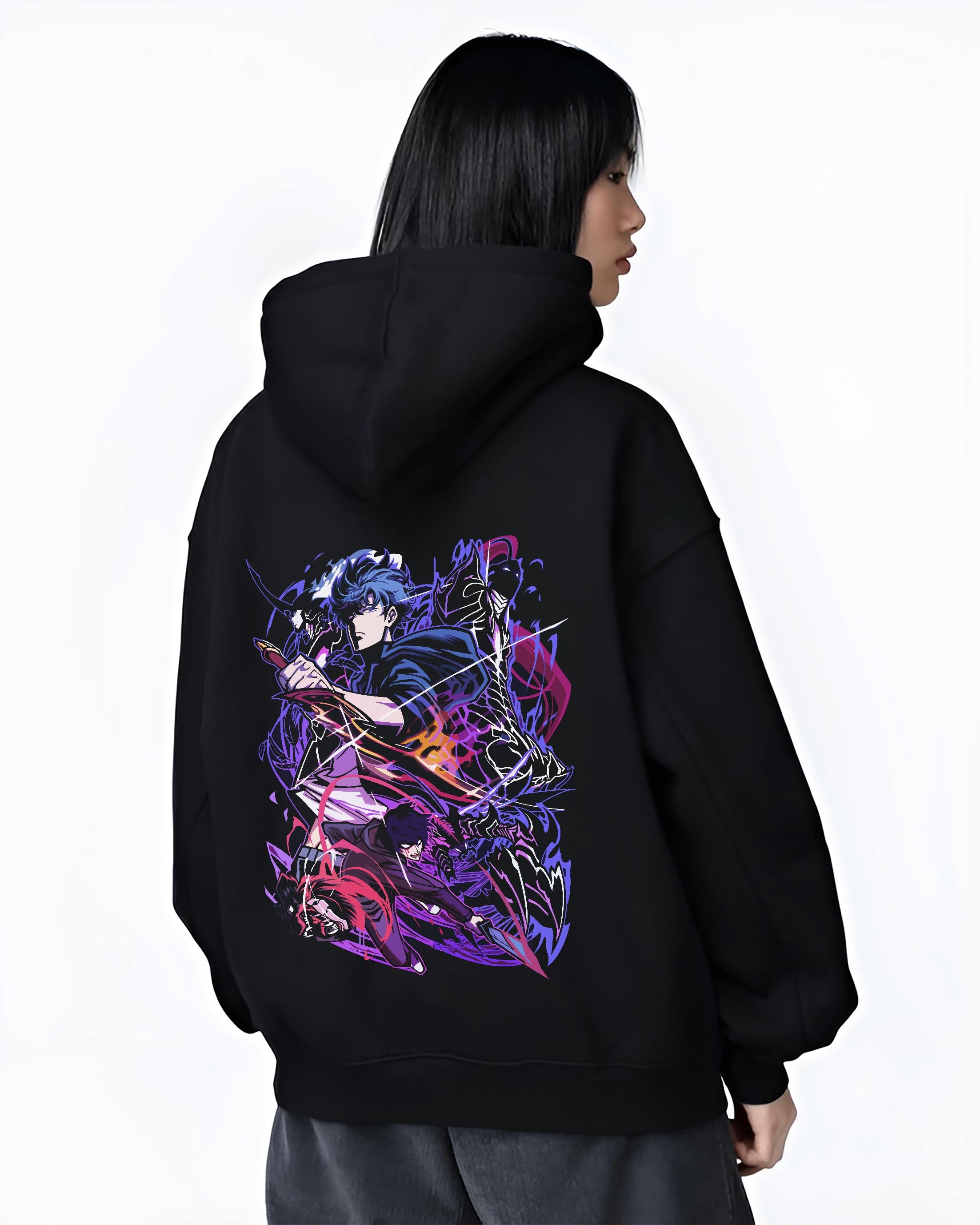 Black hoodie worn by a male model, back view, featuring Sung Jinwoo Solo Leveling dark manga panel inspired design with glowing purple retro streetwear artwork
