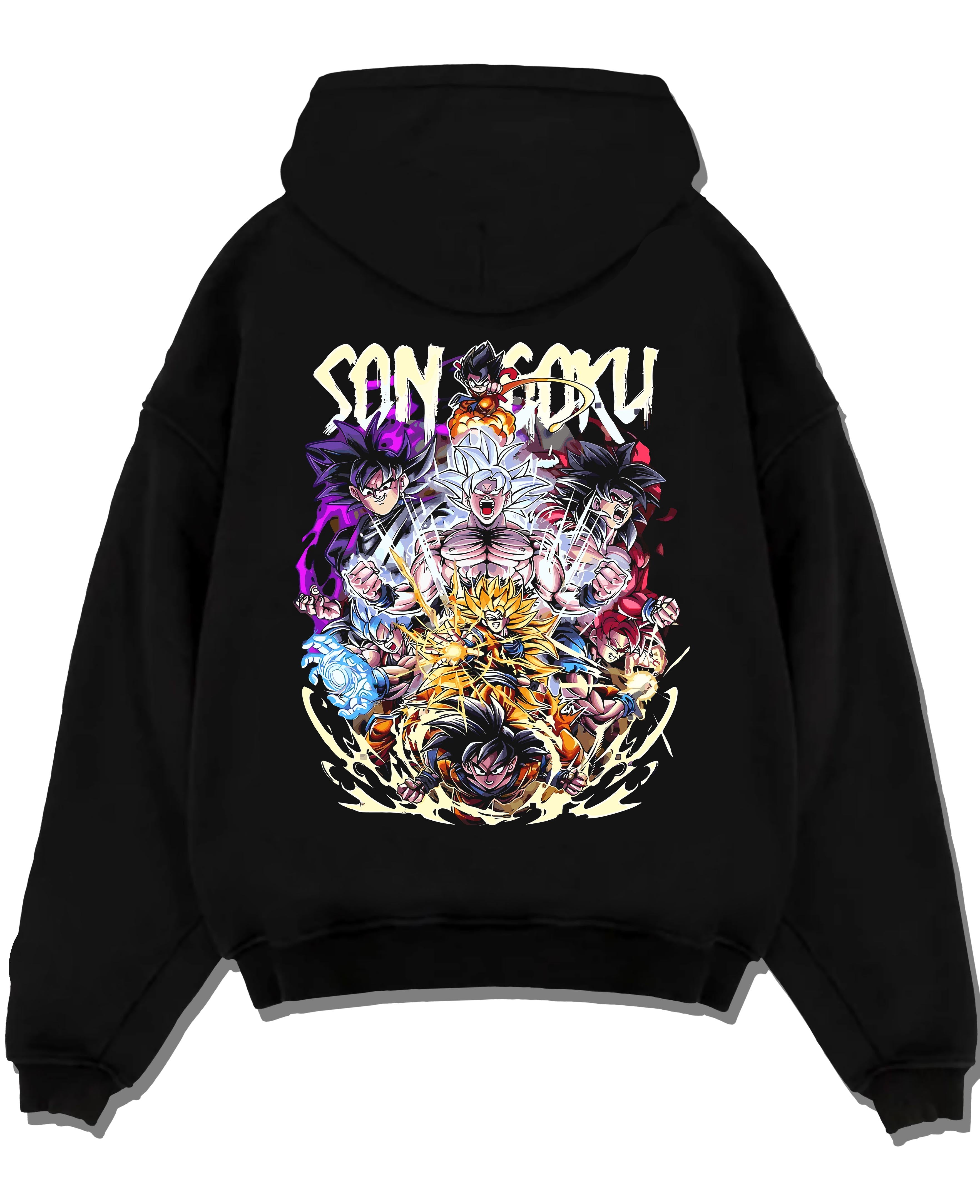 Black crewneck sweatshirt on a hanger against a grey wall, featuring Son Goku Dragon Ball retro streetwear graphic with iconic power-up sequence and manga inspired detail.