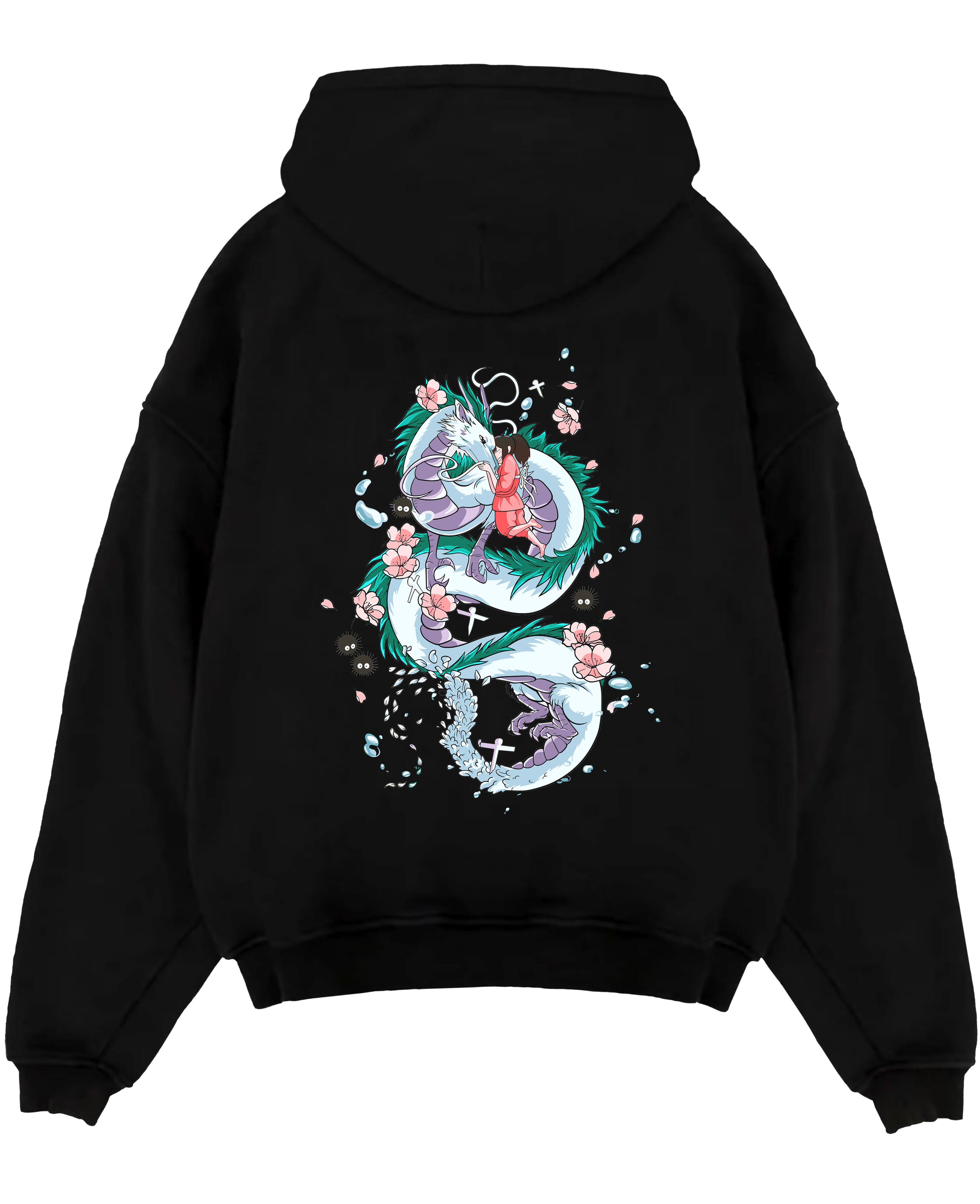 Black pullover hoodie laid flat on white, featuring Spirited Away Haku dragon and Chihiro retro manga graphic with cherry blossoms.