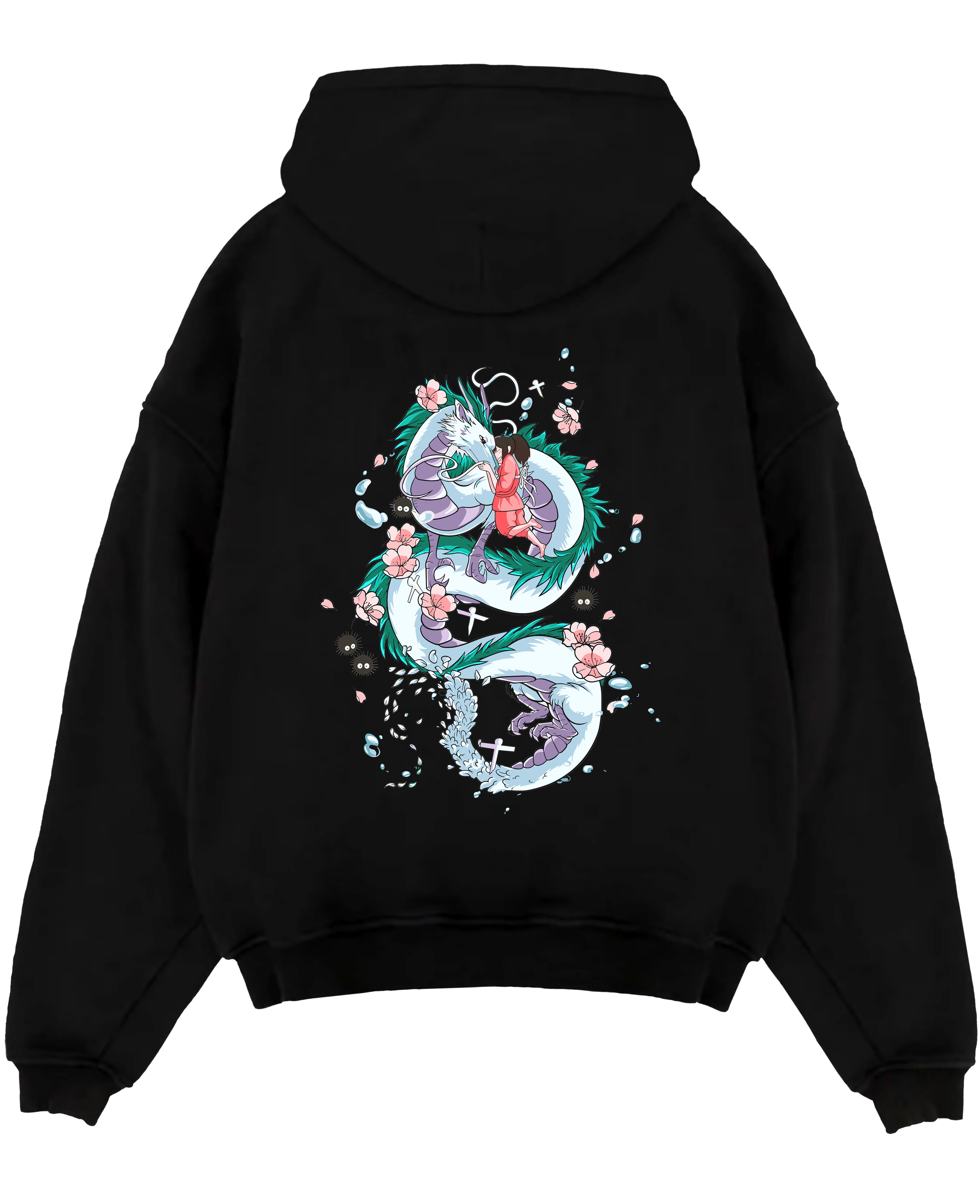 Black pullover hoodie laid flat on white, featuring Spirited Away Haku dragon and Chihiro retro manga graphic with cherry blossoms.