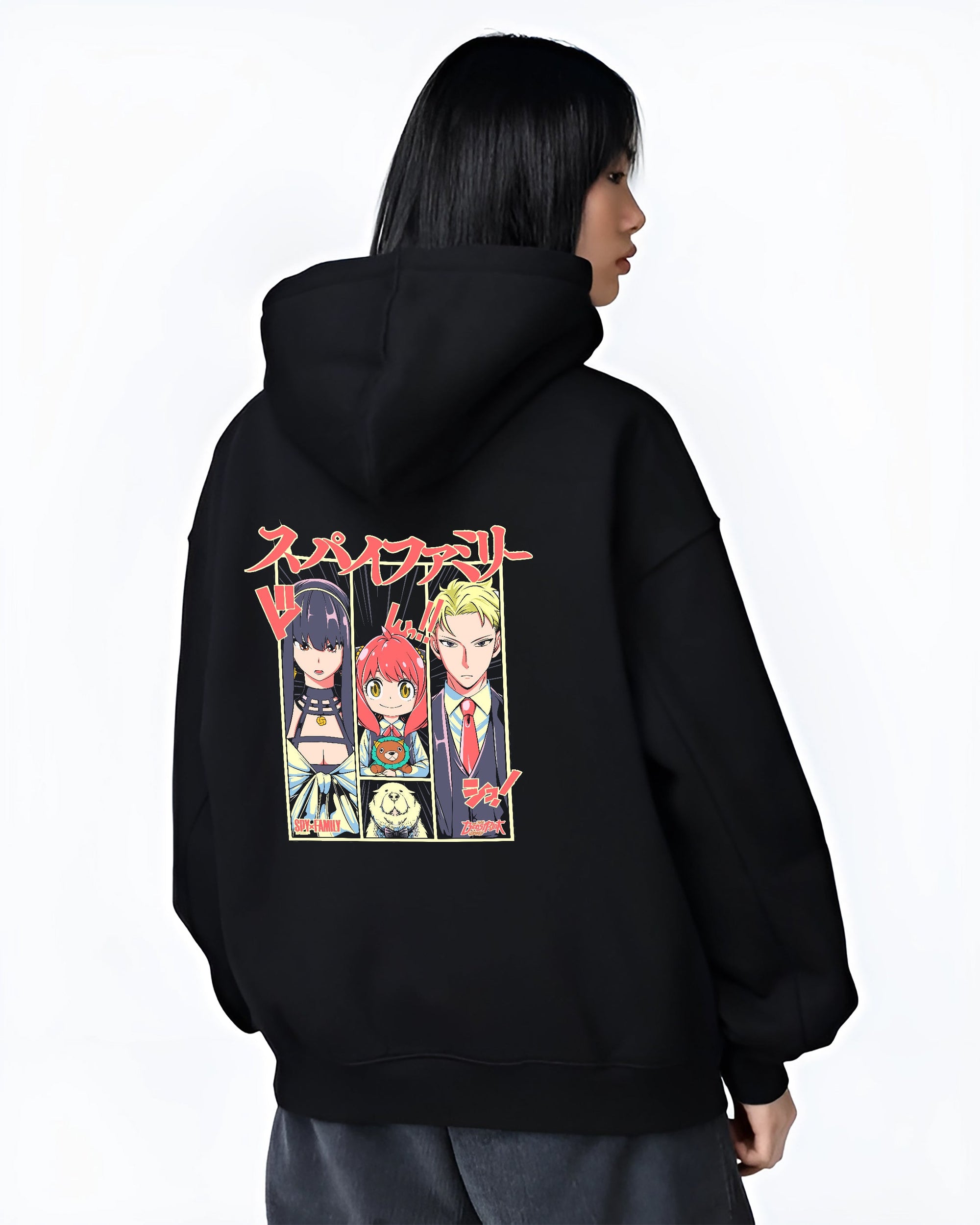 Black hoodie on female model, back view, showing Spy x Family retro manga panels of Yor, Anya, and Loid.