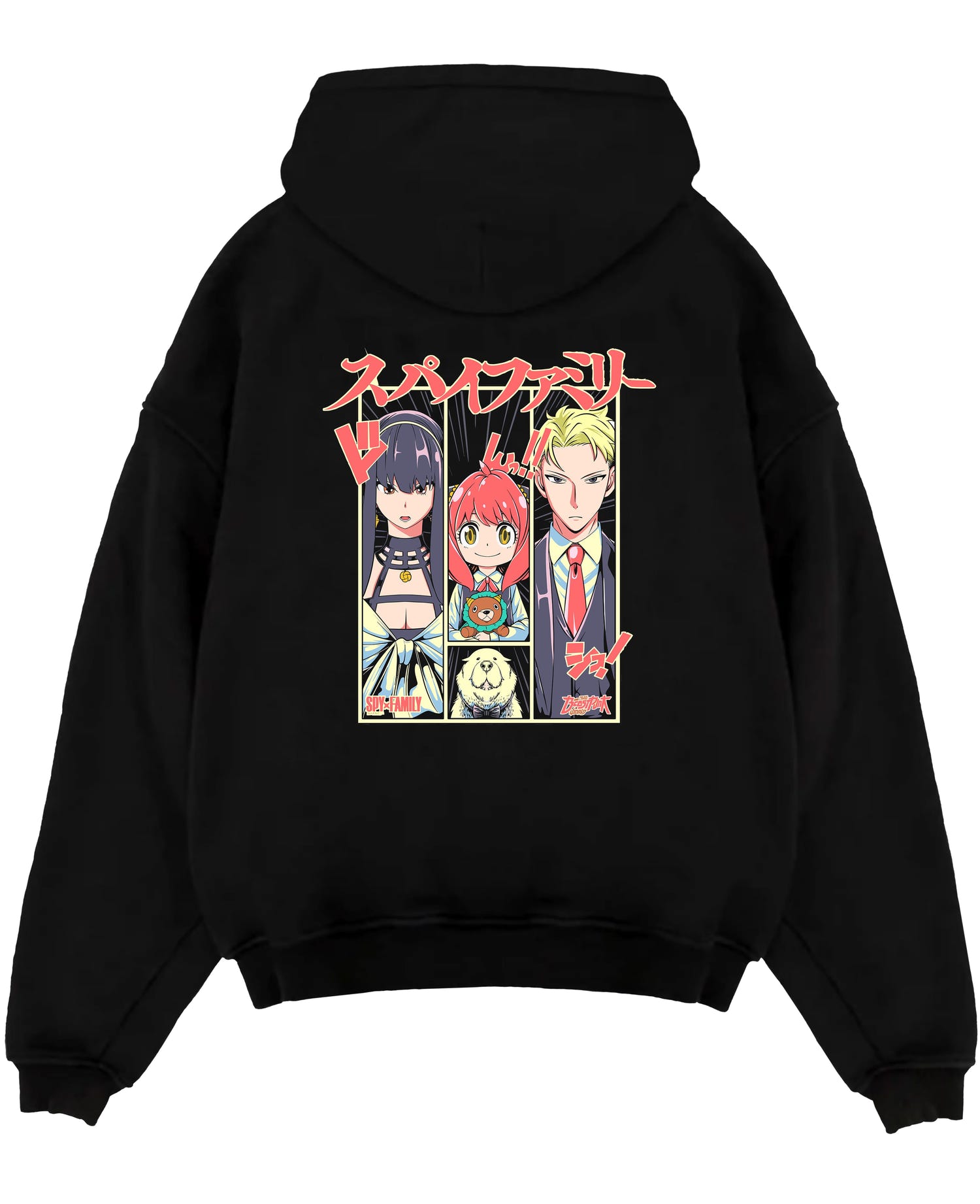 Black pullover hoodie laid flat on white, featuring Spy x Family panel graphic of Yor, Anya, and Loid in retro manga style.