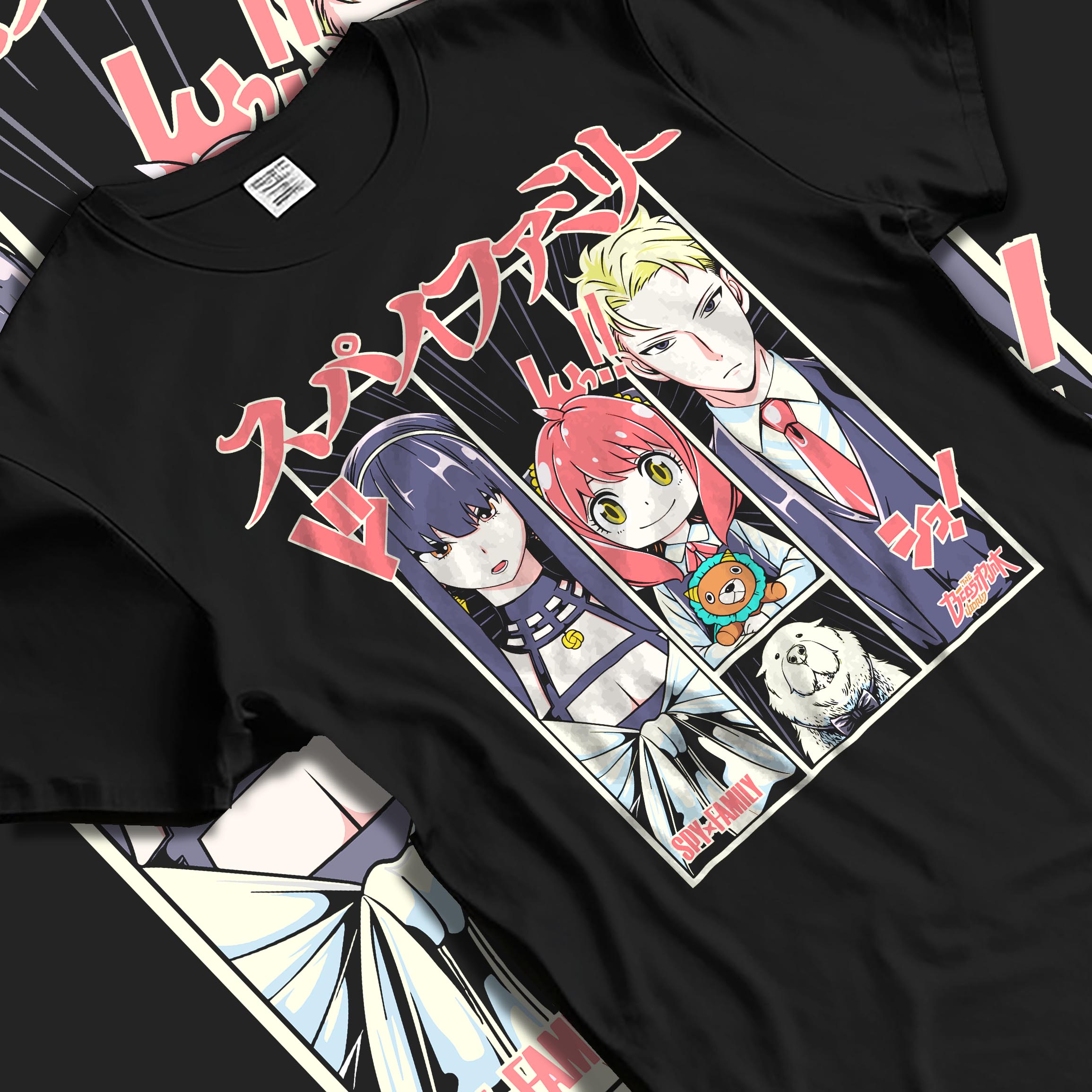 Black T-shirt laid flat with soft folds, featuring Spy x Family retro manga panel graphic of Yor, Anya, and Loid.
