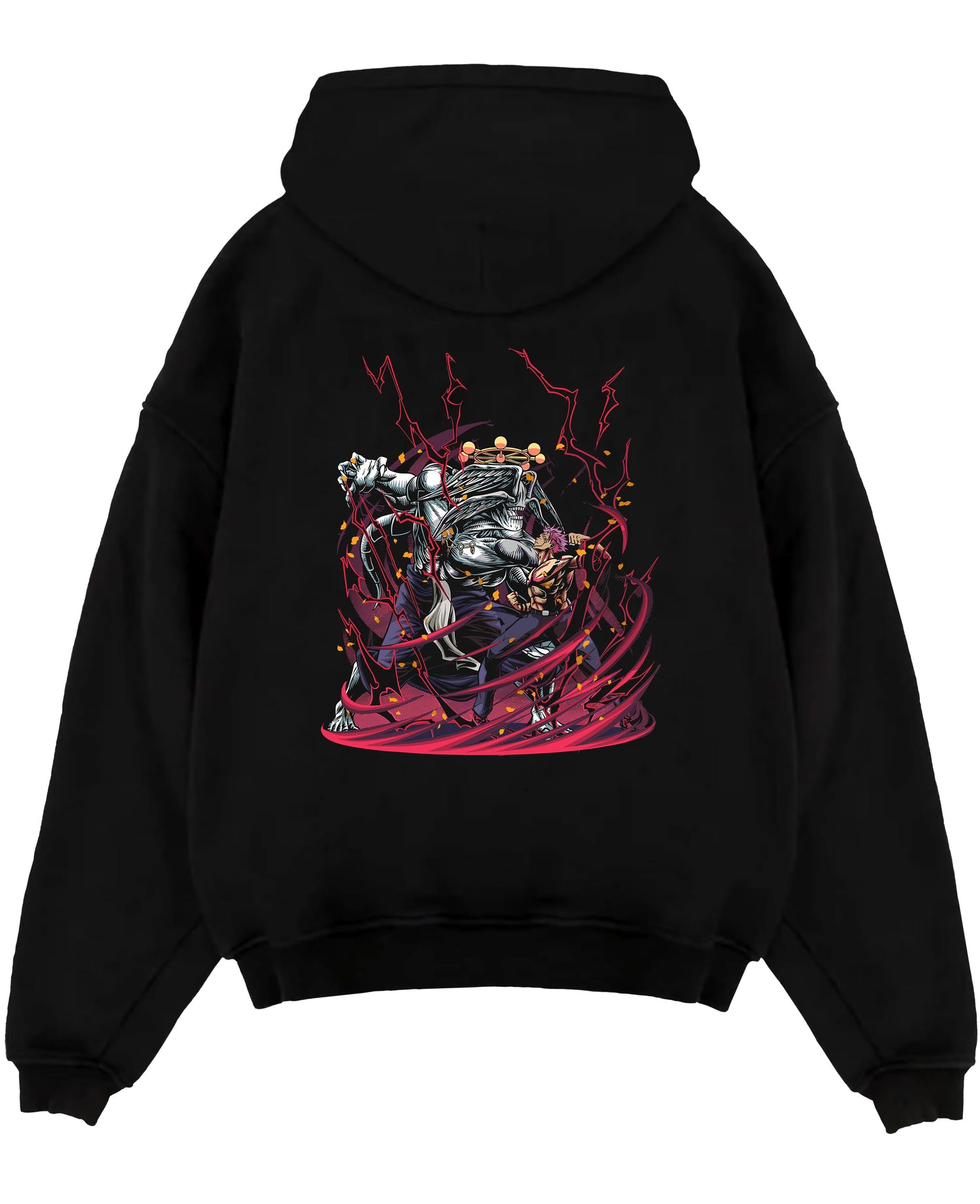 Black pullover hoodie laid flat on white, featuring Jujutsu Kaisen Sukuna vs Mahoraga battle graphic with red lightning and swirling energy.